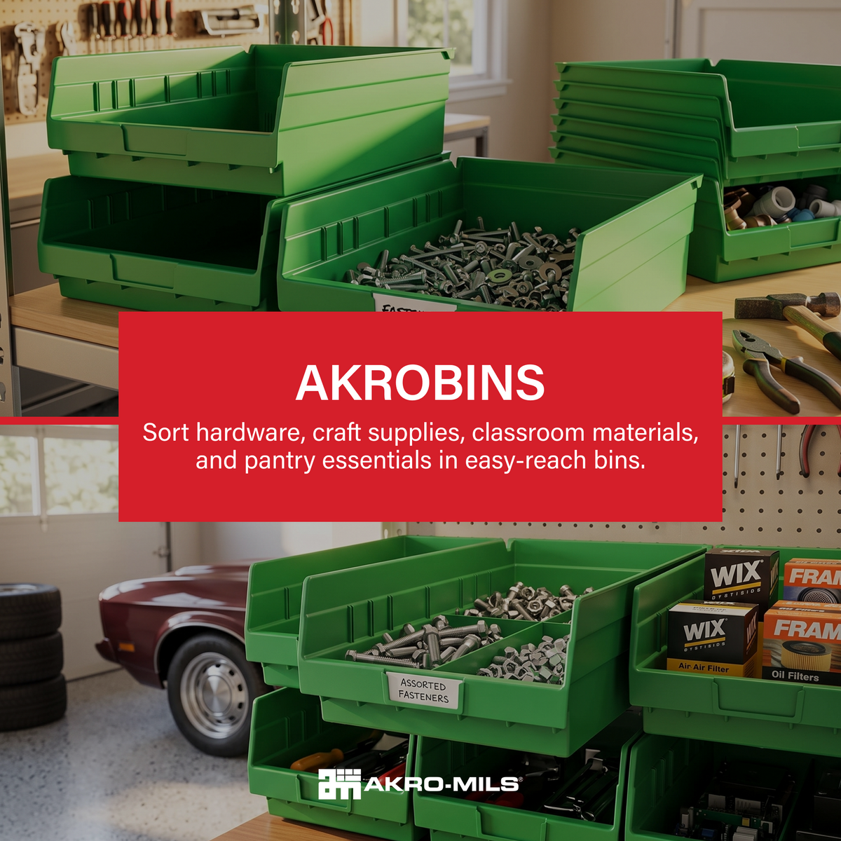 Akro-Mils 12 Pack AkroBins Plastic Storage Bins, Space-Saving Organizers, Green