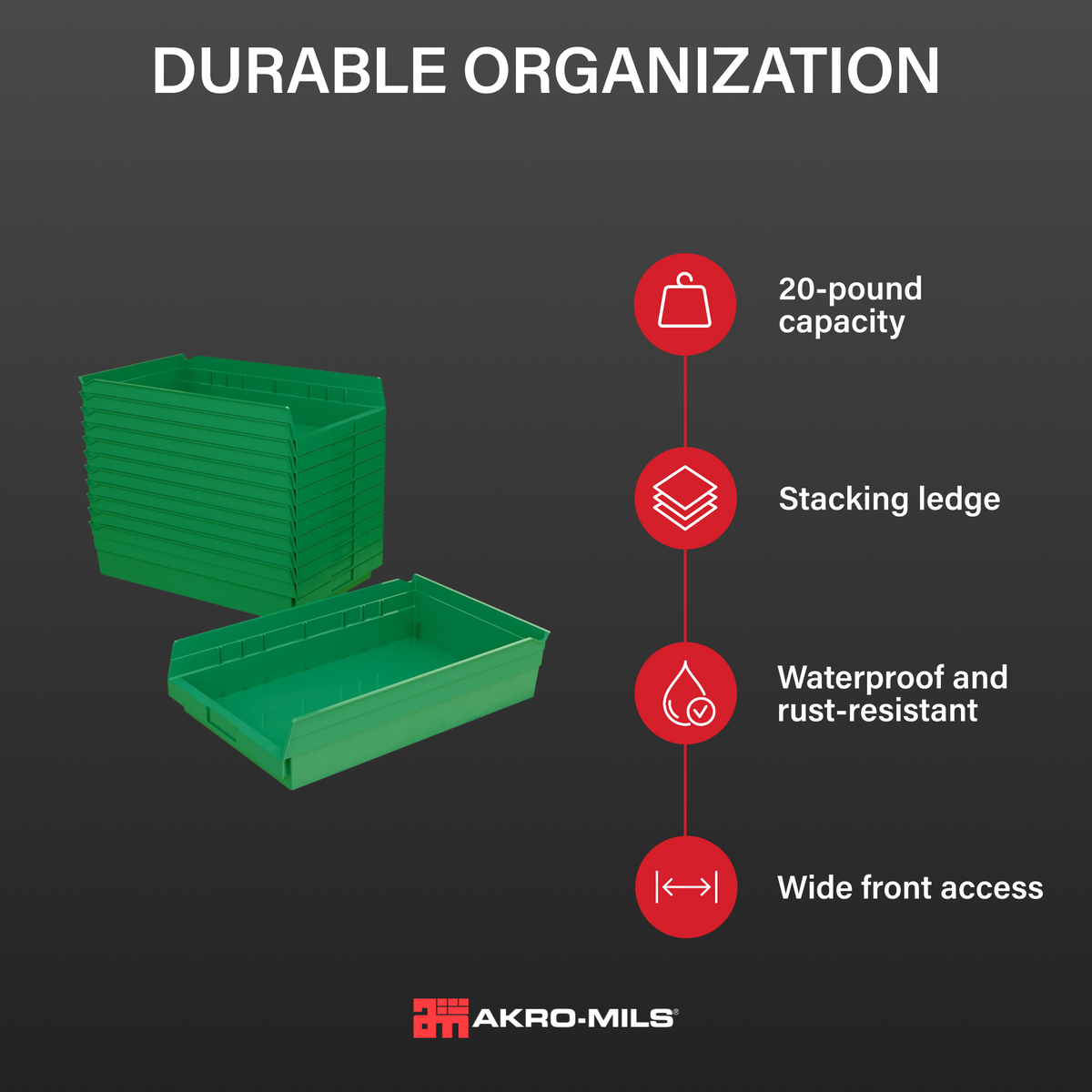 Akro-Mils 12 Pack AkroBins Plastic Storage Bins, Space-Saving Organizers, Green