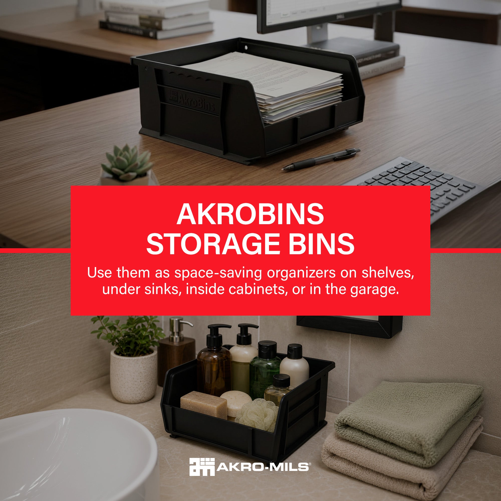 Akro-Mils 6 Pack AkroBins Plastic Storage Bins, Space-Saving Organizers, Black