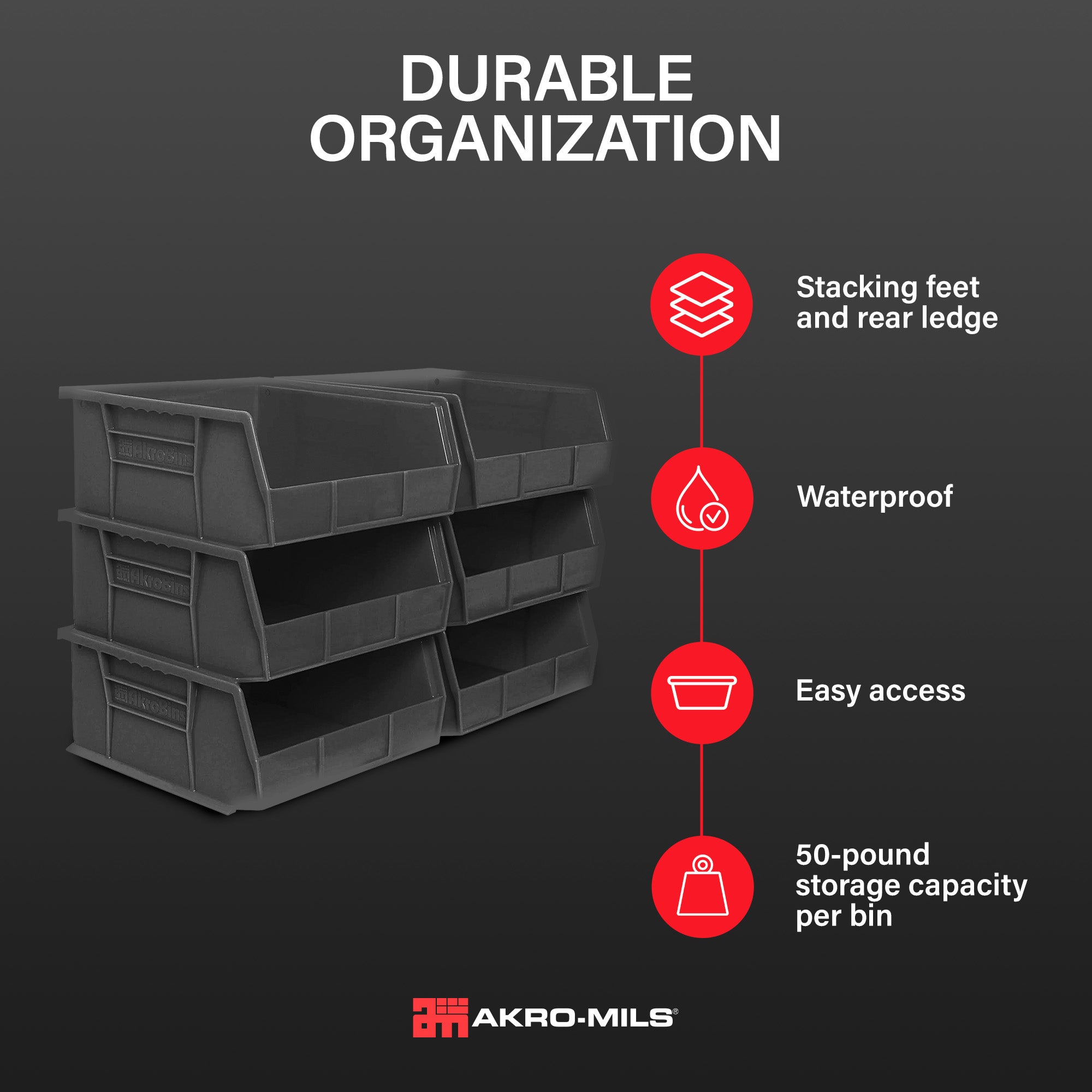 Akro-Mils 6 Pack AkroBins Plastic Storage Bins, Space-Saving Organizers, Black