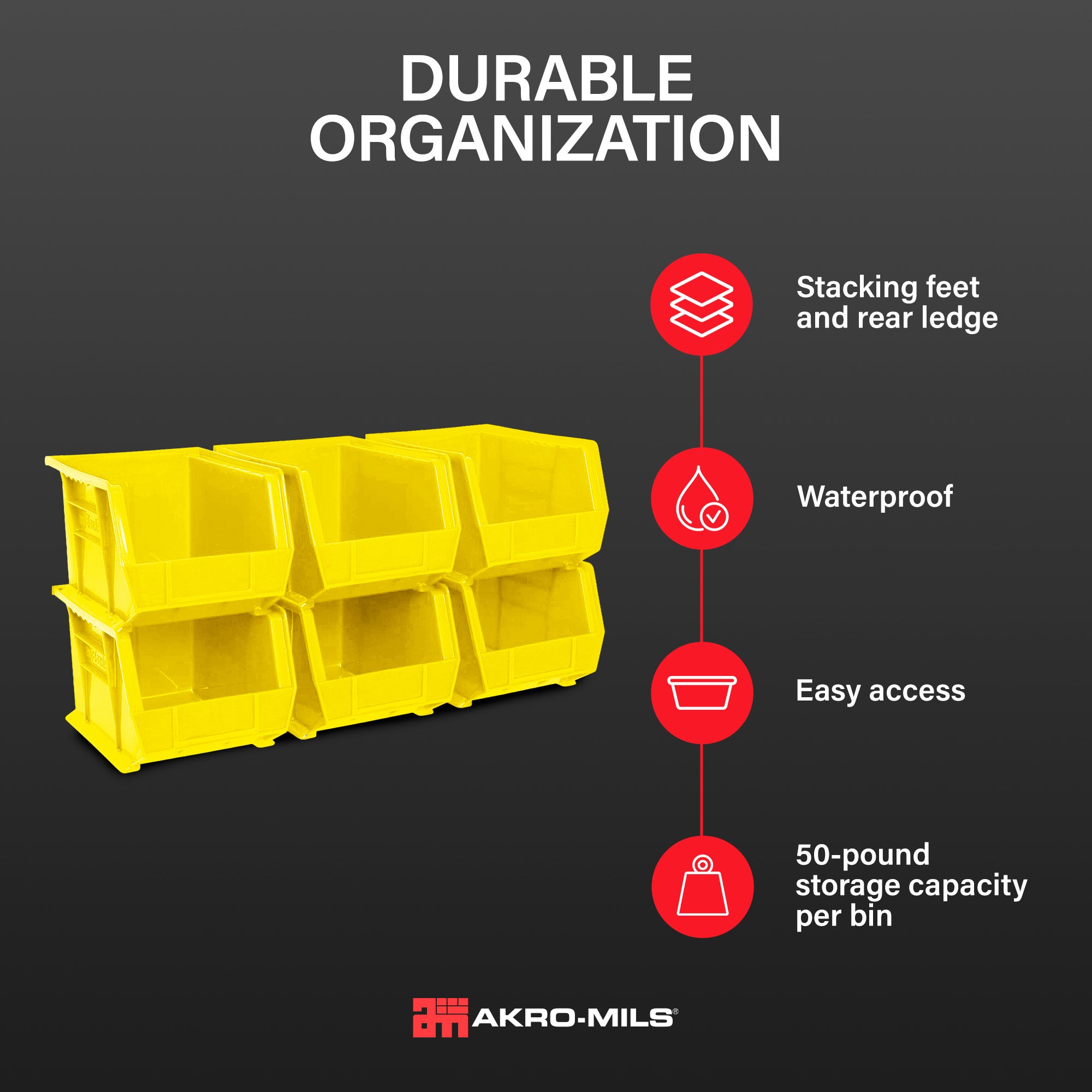 Akro-Mils 6 Pack AkroBins Plastic Storage Bins, Space-Saving Organizers, Yellow - VMInnovations
