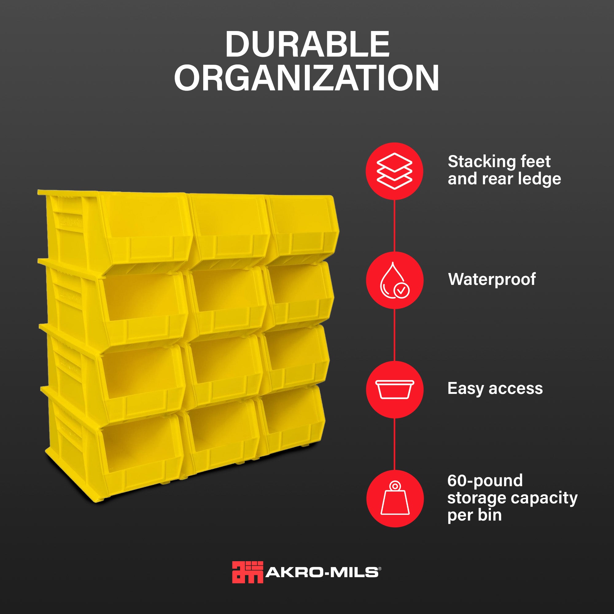 Akro-Mils 12 Pack AkroBins Plastic Storage Bins, Space-Saving Organizers, Yellow - VMInnovations