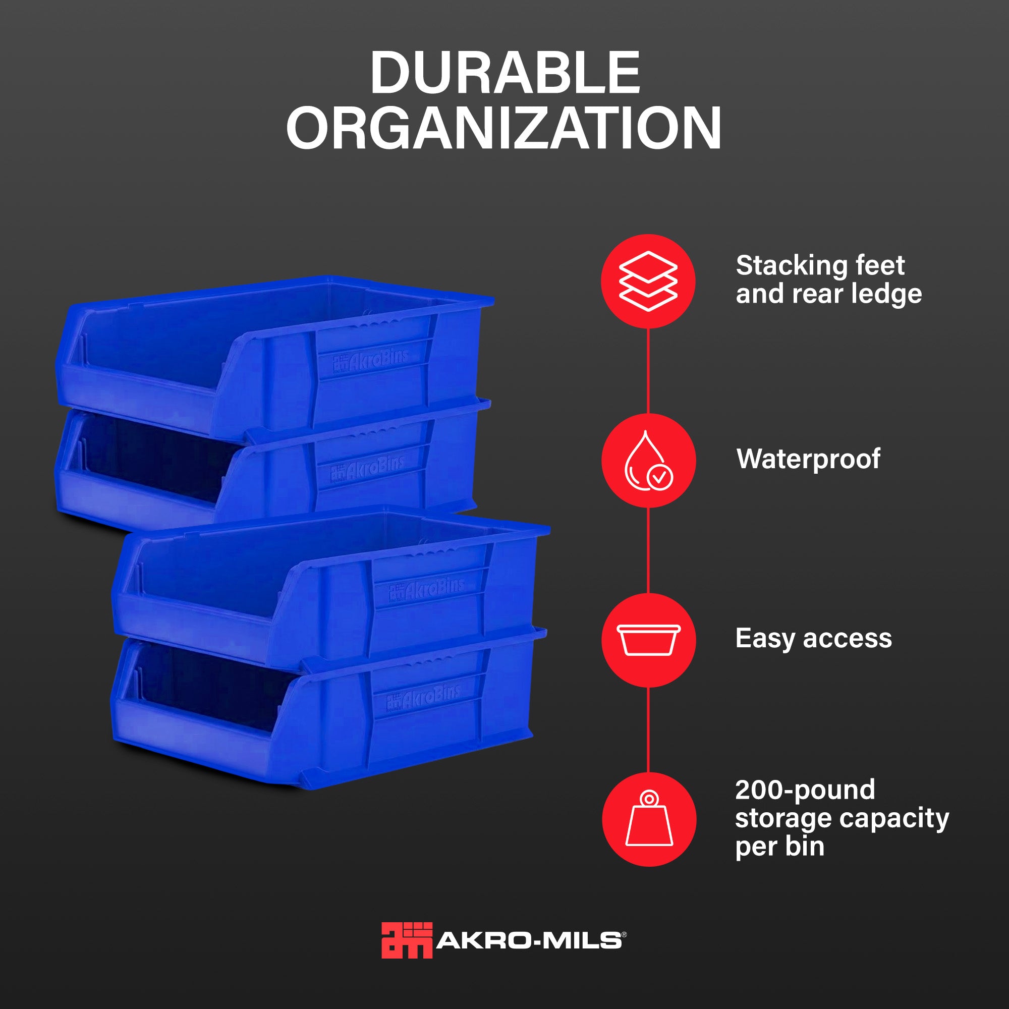 Akro-Mils 4 Pack AkroBins Plastic Storage Bins, Space-Saving Organizers, Blue - VMInnovations