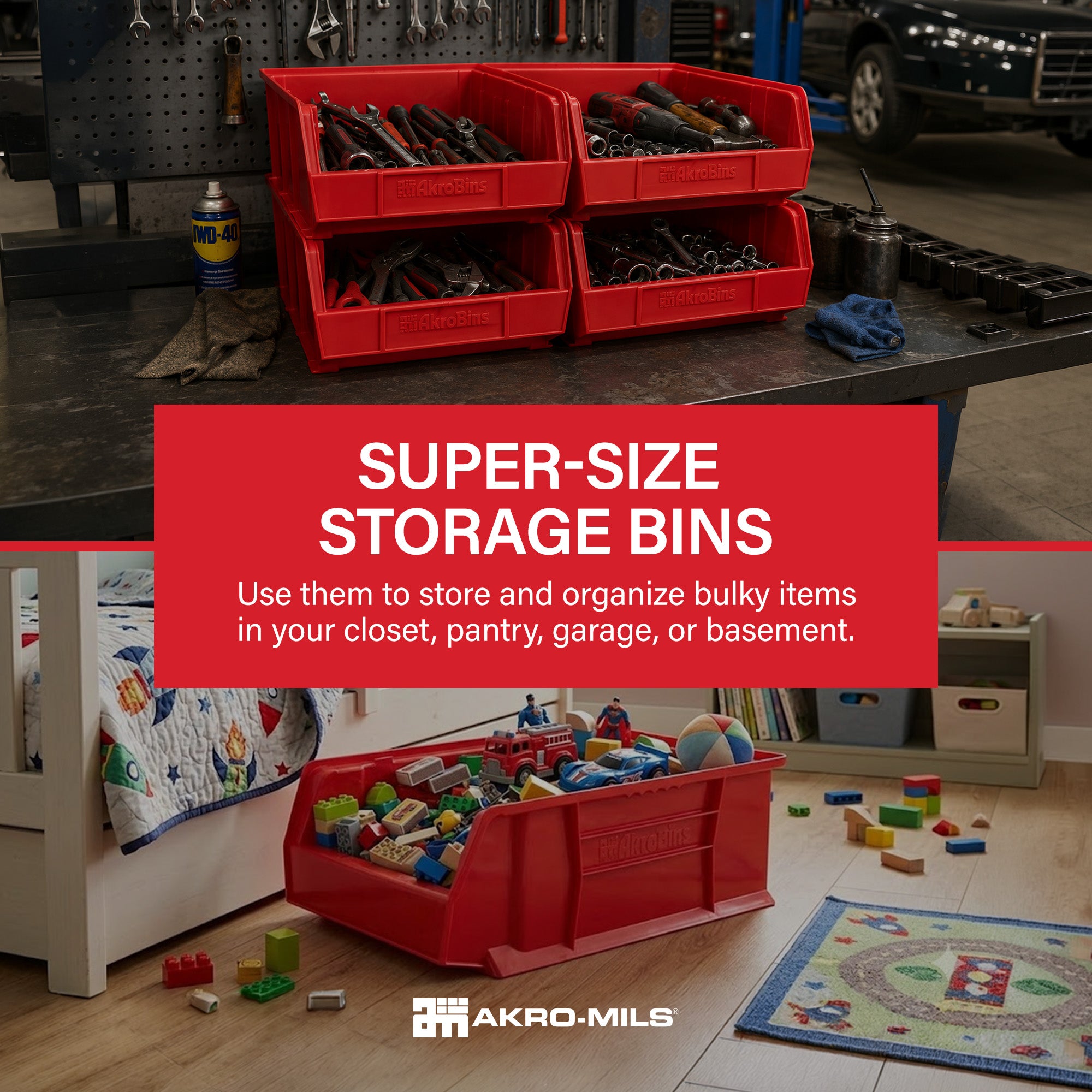 Akro-Mils 4 Pack AkroBins Plastic Storage Bins, Space-Saving Organizers, Red - VMInnovations