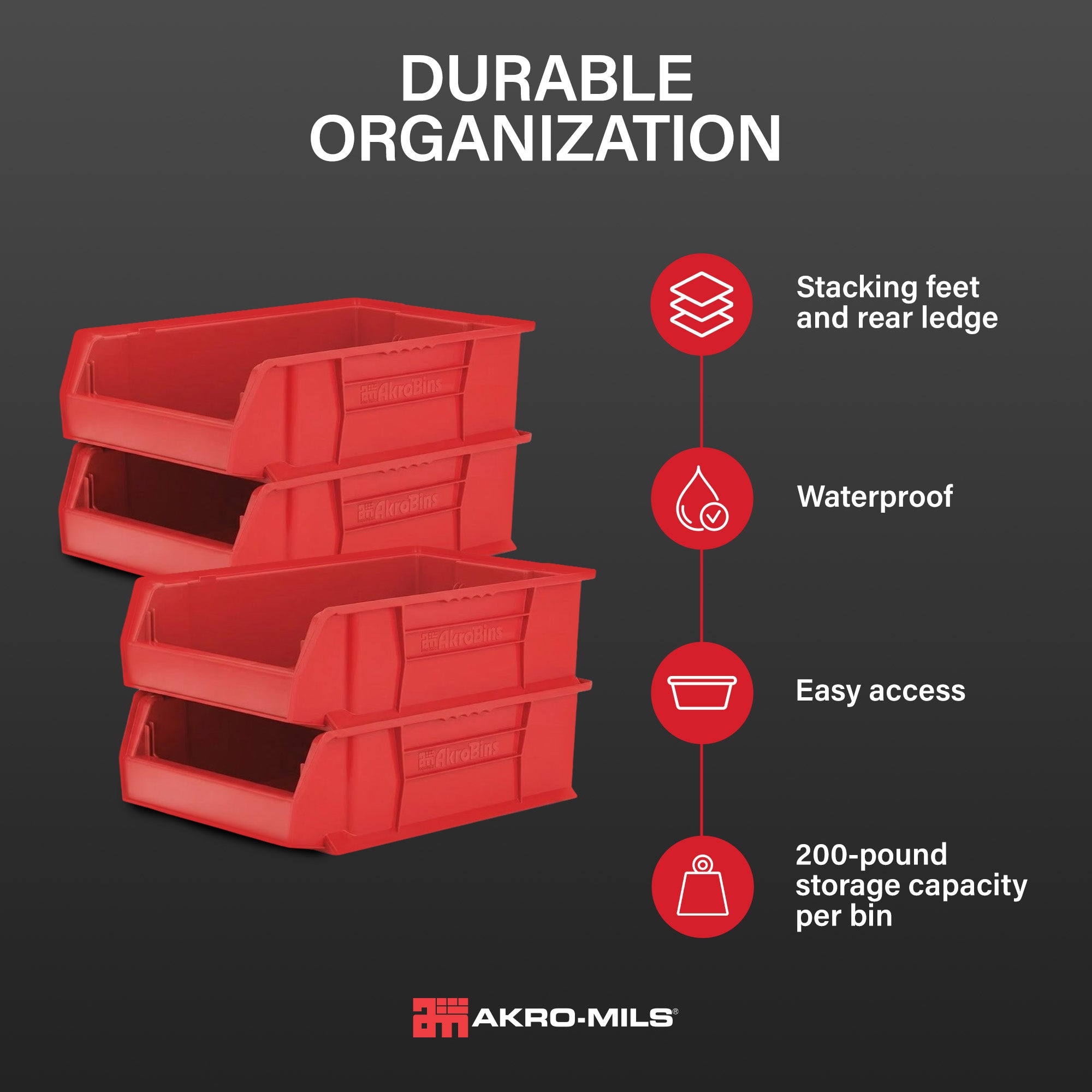 Akro-Mils 4 Pack AkroBins Plastic Storage Bins, Space-Saving Organizers, Red - VMInnovations