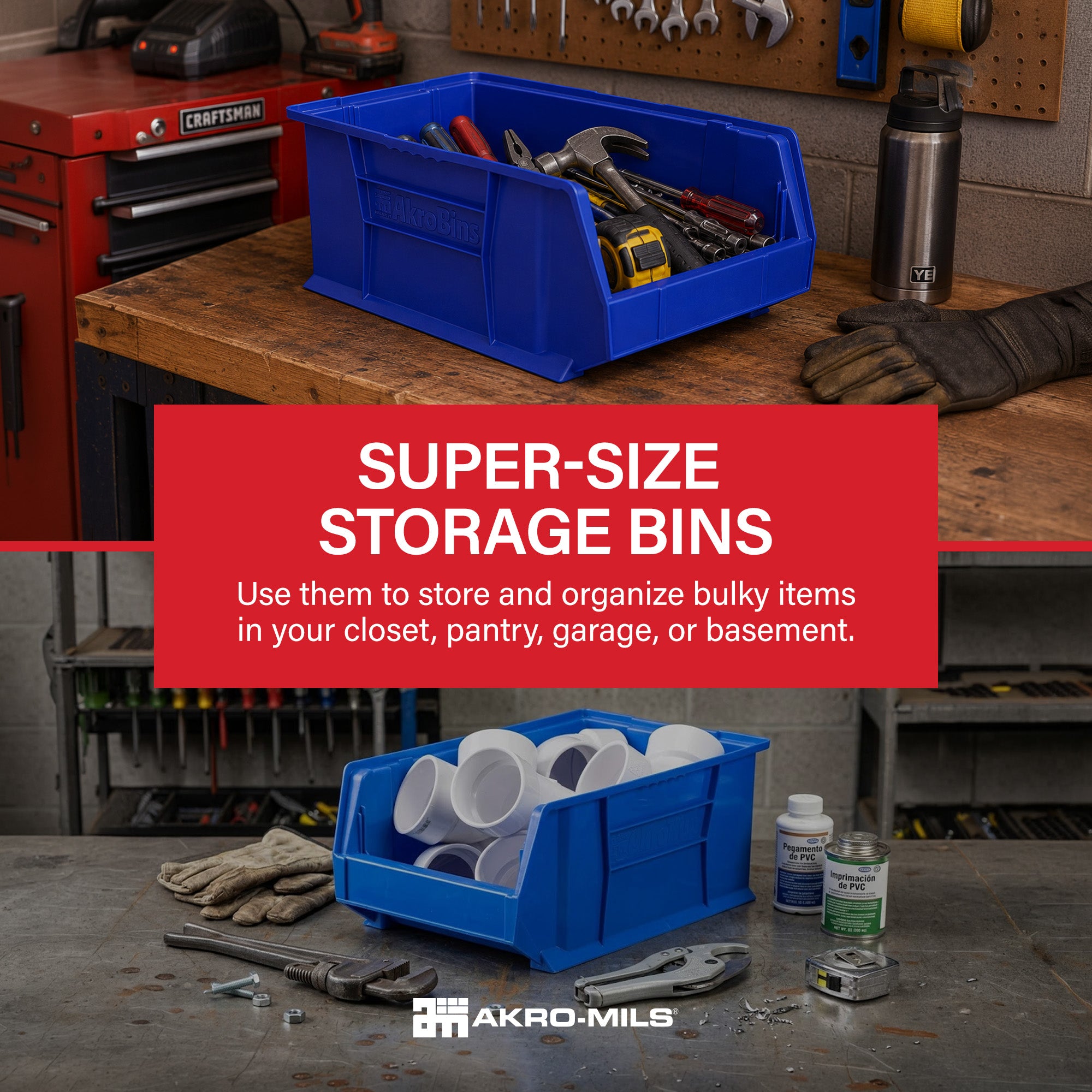 Akro-Mils 3 Pack AkroBins Plastic Storage Bins, Space-Saving Organizers, Blue - VMInnovations
