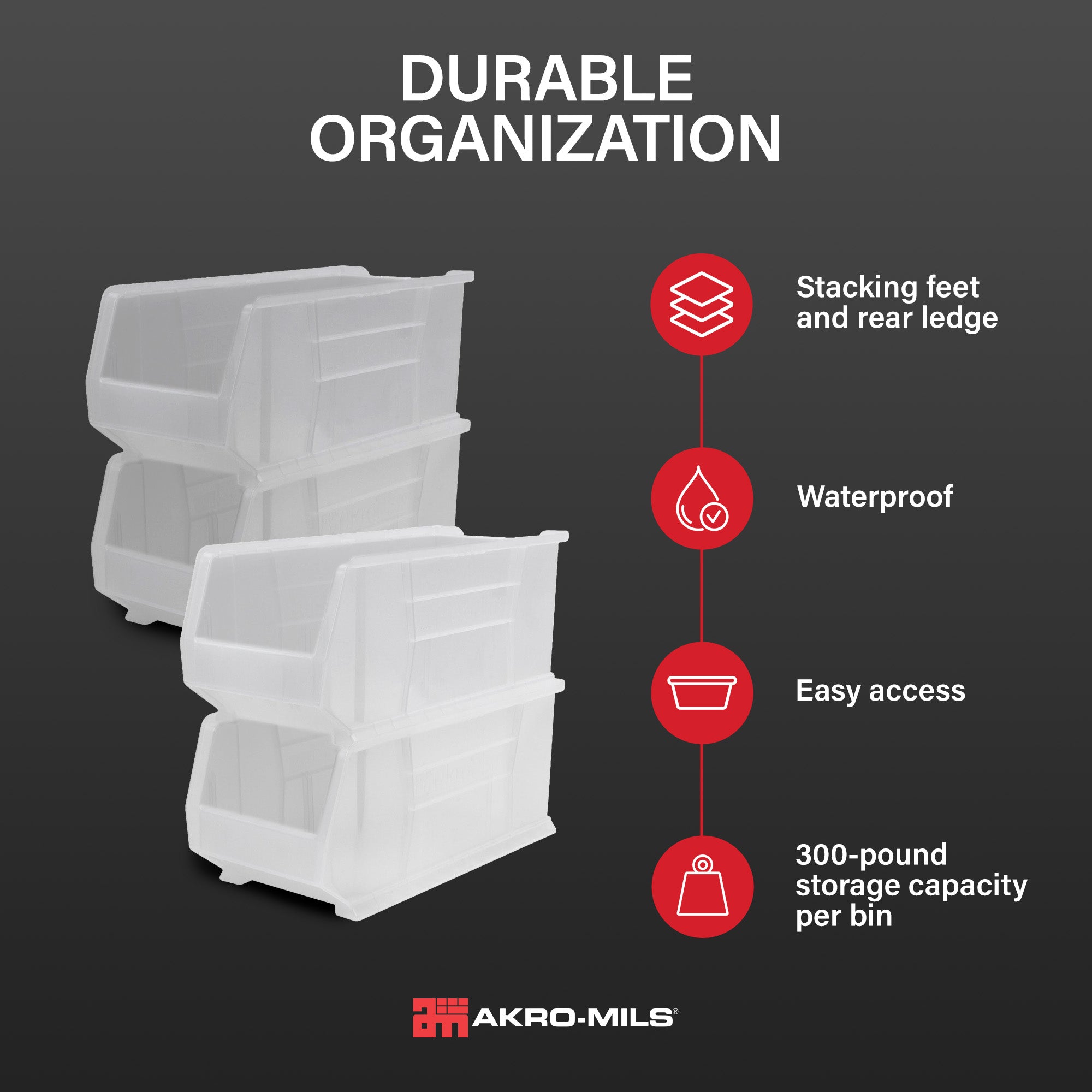 Akro-Mils 4 Pack AkroBins Plastic Storage Bins, Space-Saving Organizers, Clear - VMInnovations