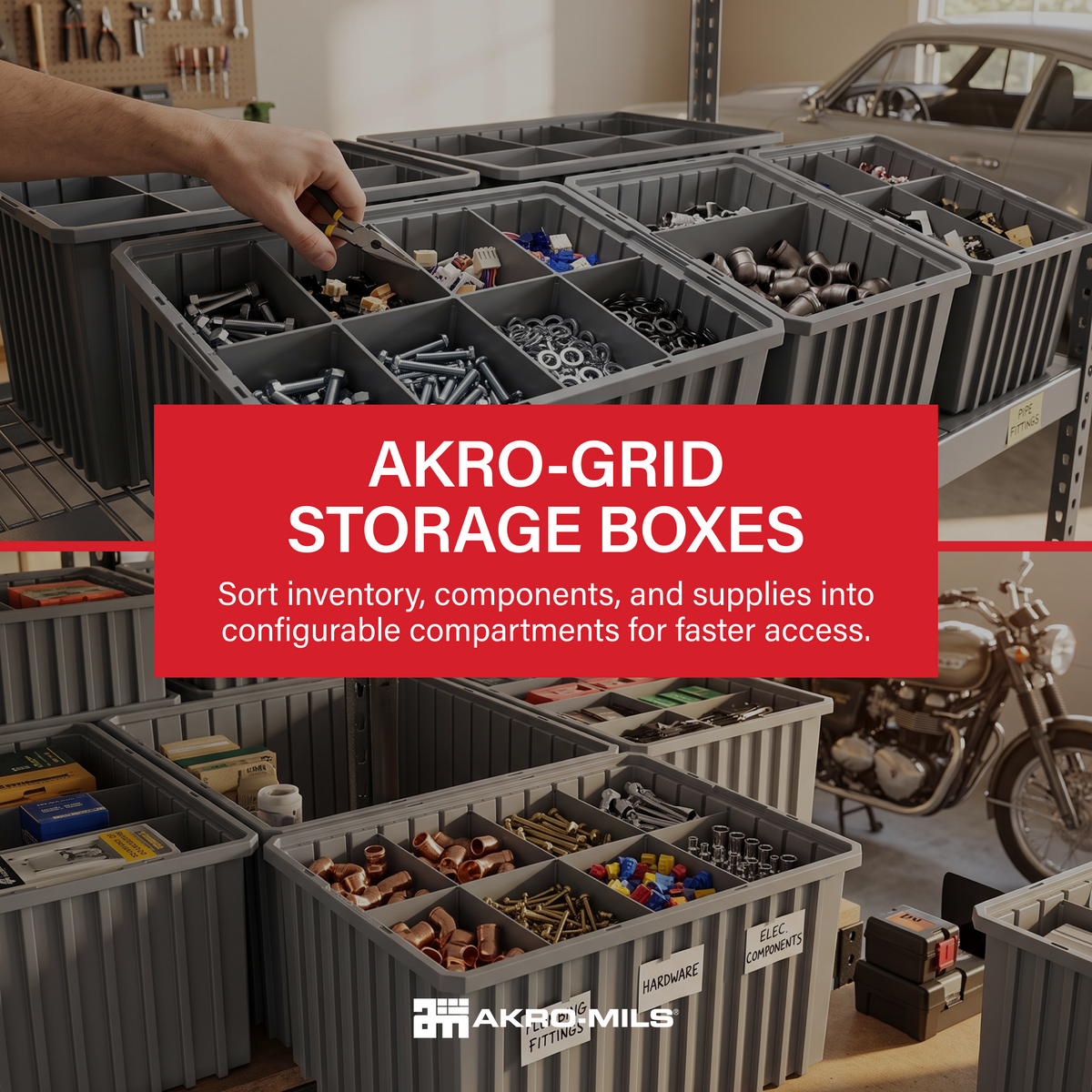 Akro-Mils 6 Pack Akro-Grid Dividable Storage Box, 16.5 x 10.875 x 8 Inch, Gray