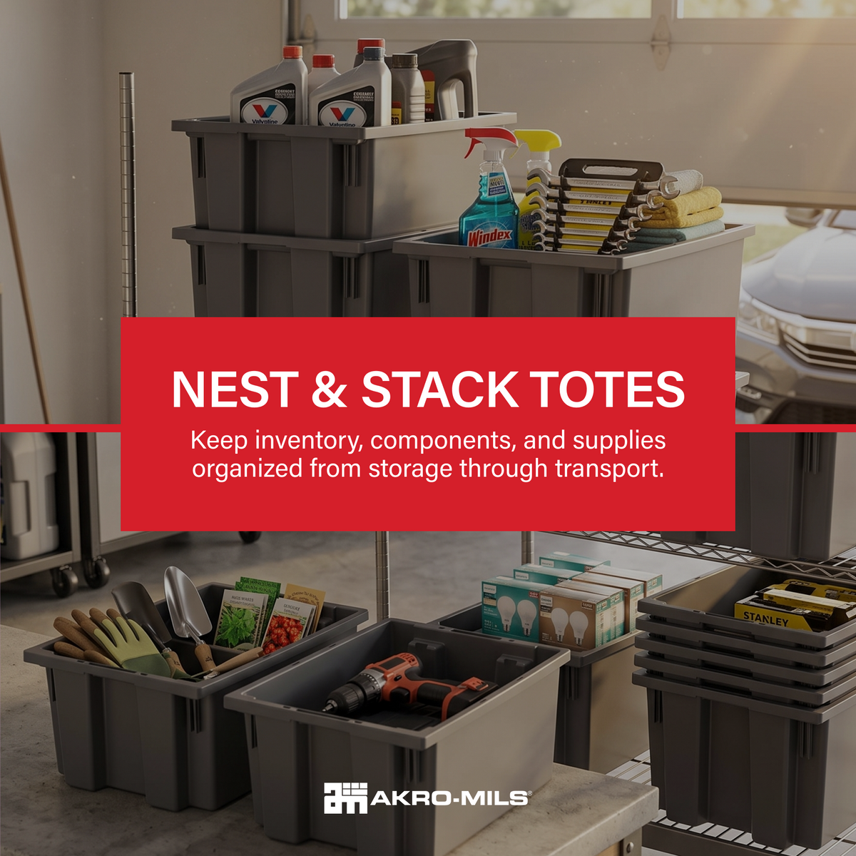 Akro-Mils 6 Pack Nest and Stack Plastic Storage Tote, 19.5" x 13.5" x 8", Grey