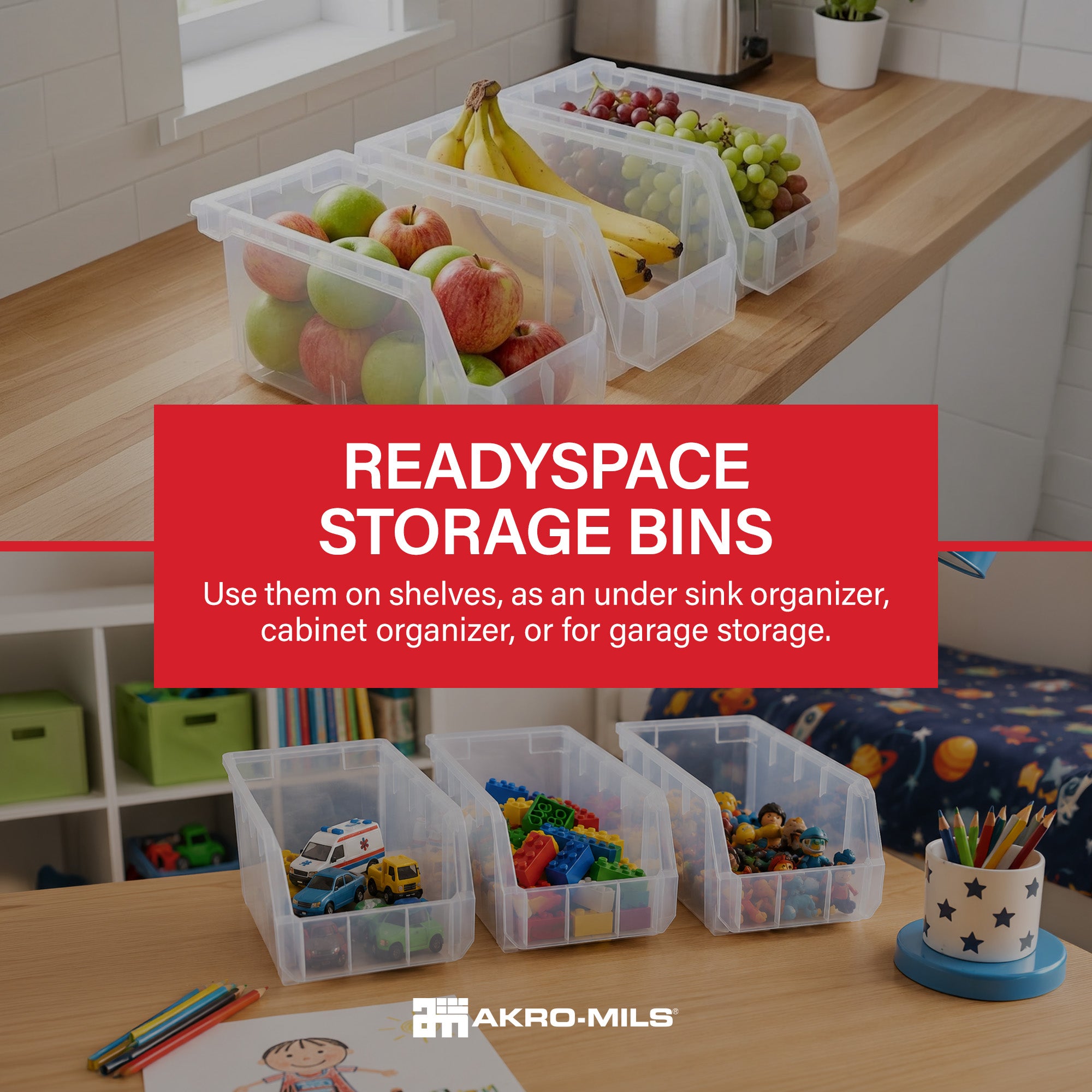 ReadySpace Medium Plastic Storage Bins, Stackable Organizer, Clear (Open Box) - VMInnovations