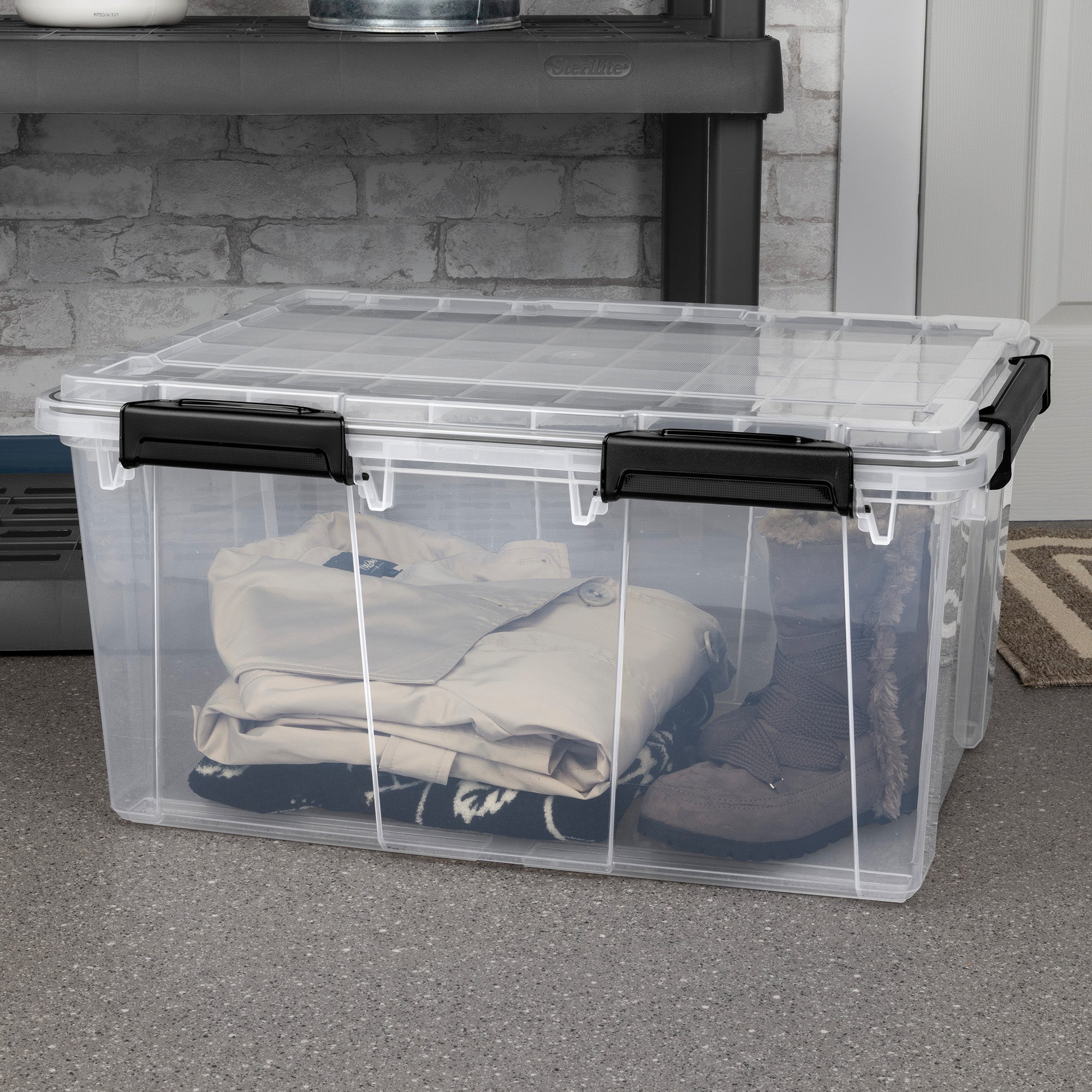 Sterilite 80 Qt Gasket Box, Stackable Storage Container with Lids, Black, 8 Pack