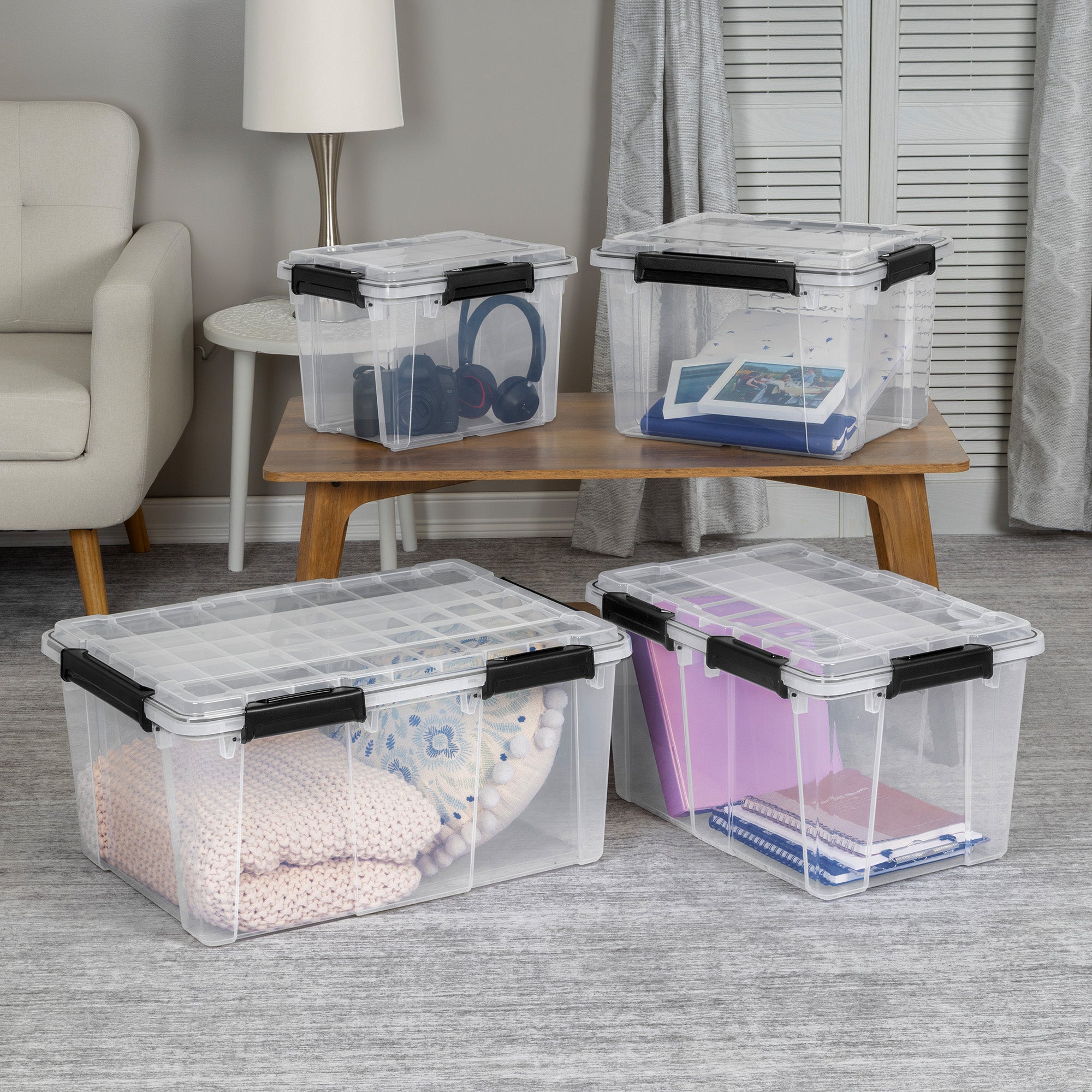 Sterilite 80 Qt Gasket Box, Stackable Storage Container with Lids, Black, 8 Pack