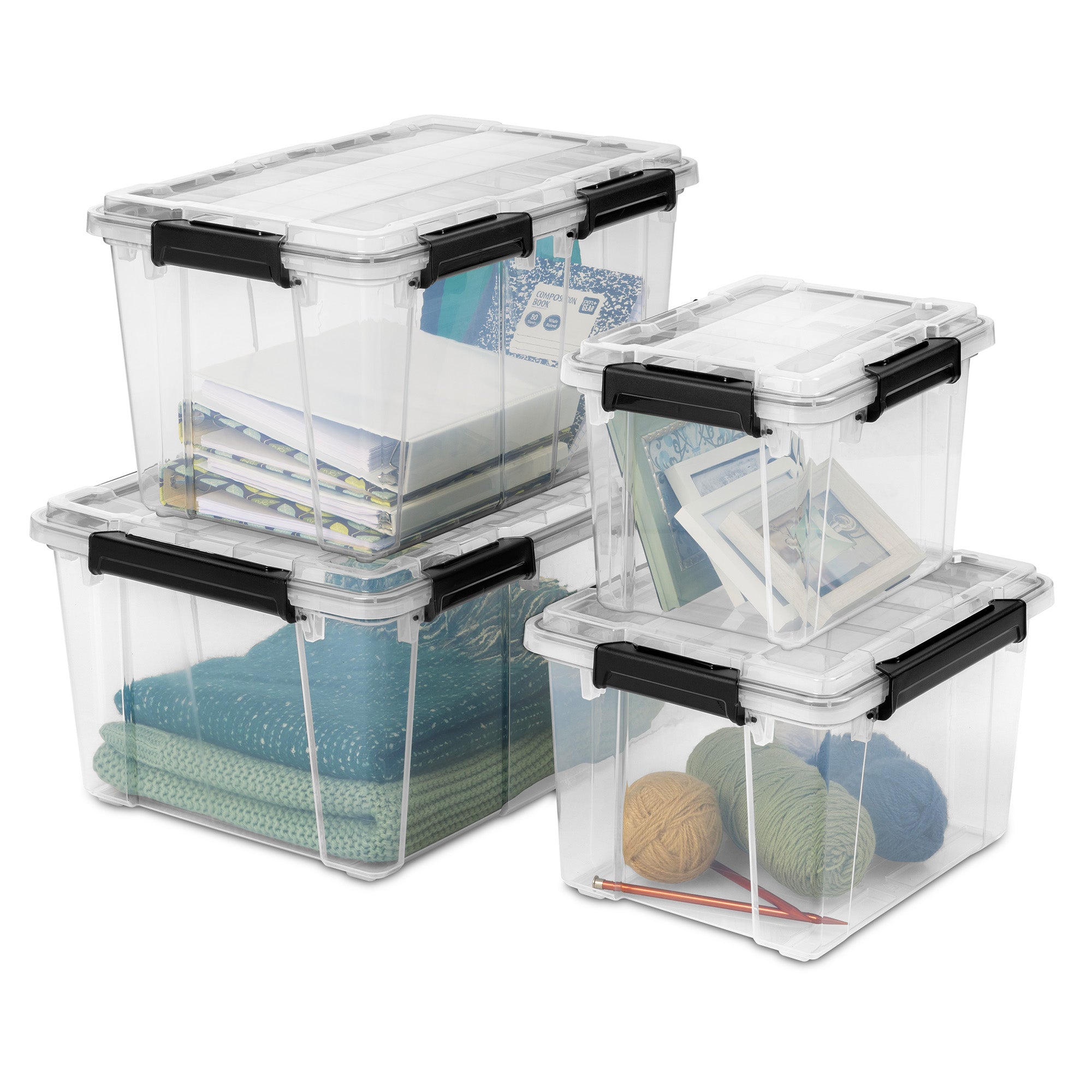 Sterilite 80 Qt Gasket Box, Stackable Storage Container with Lids, Black, 8 Pack