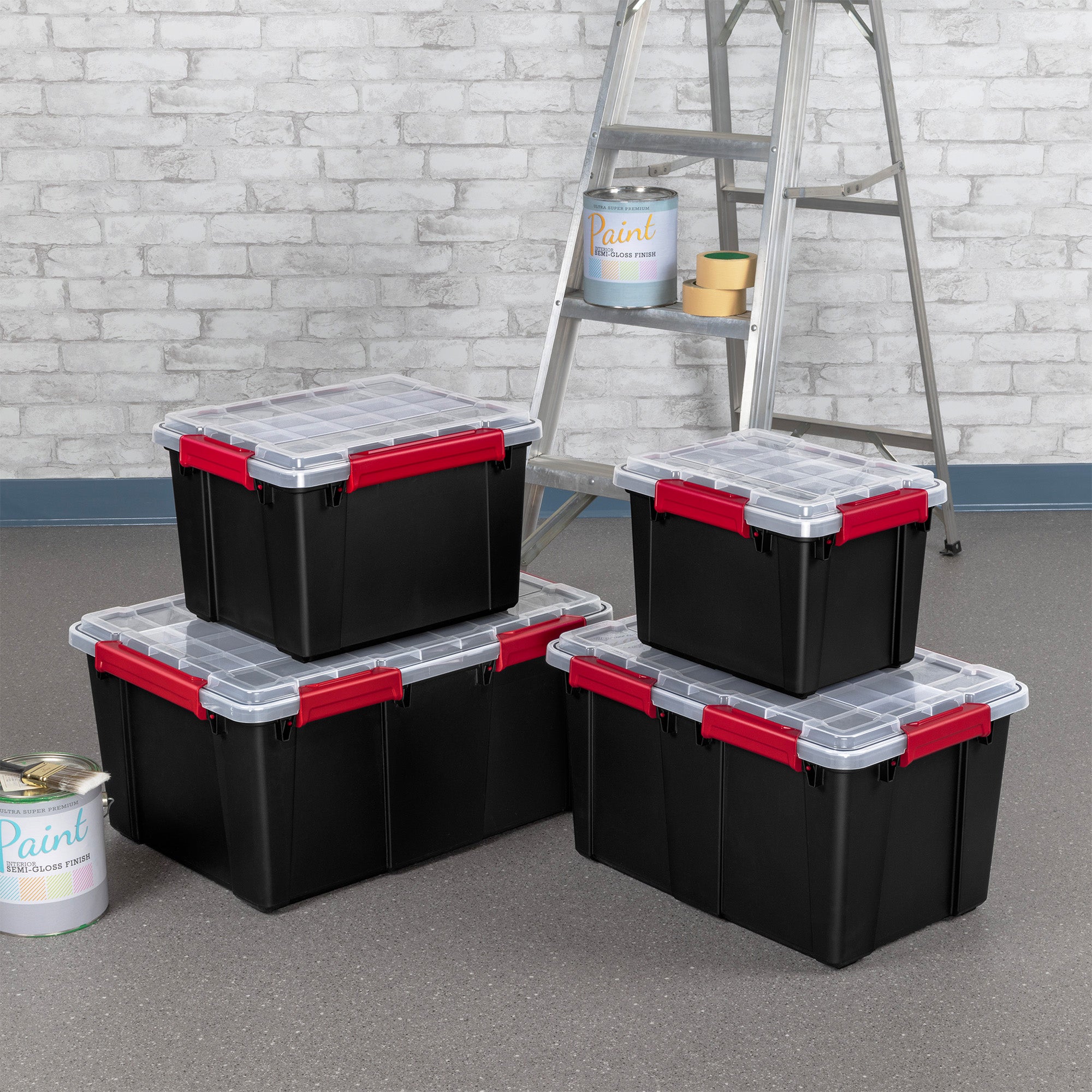 Sterilite 5 Gal Gasket Box, Stackable Storage Container with Lid, Black, 6 Pack