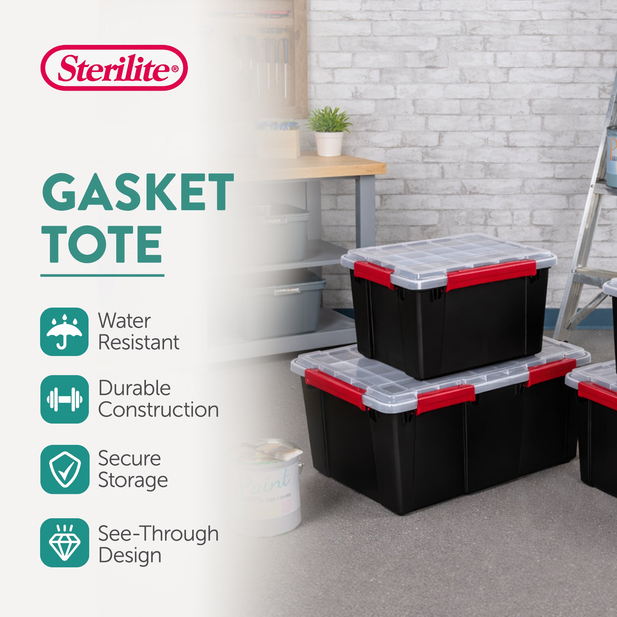 Sterilite 8.5 Gal Gasket Box, Stackable Storage Container w/ Lid, Black, 16 Pack