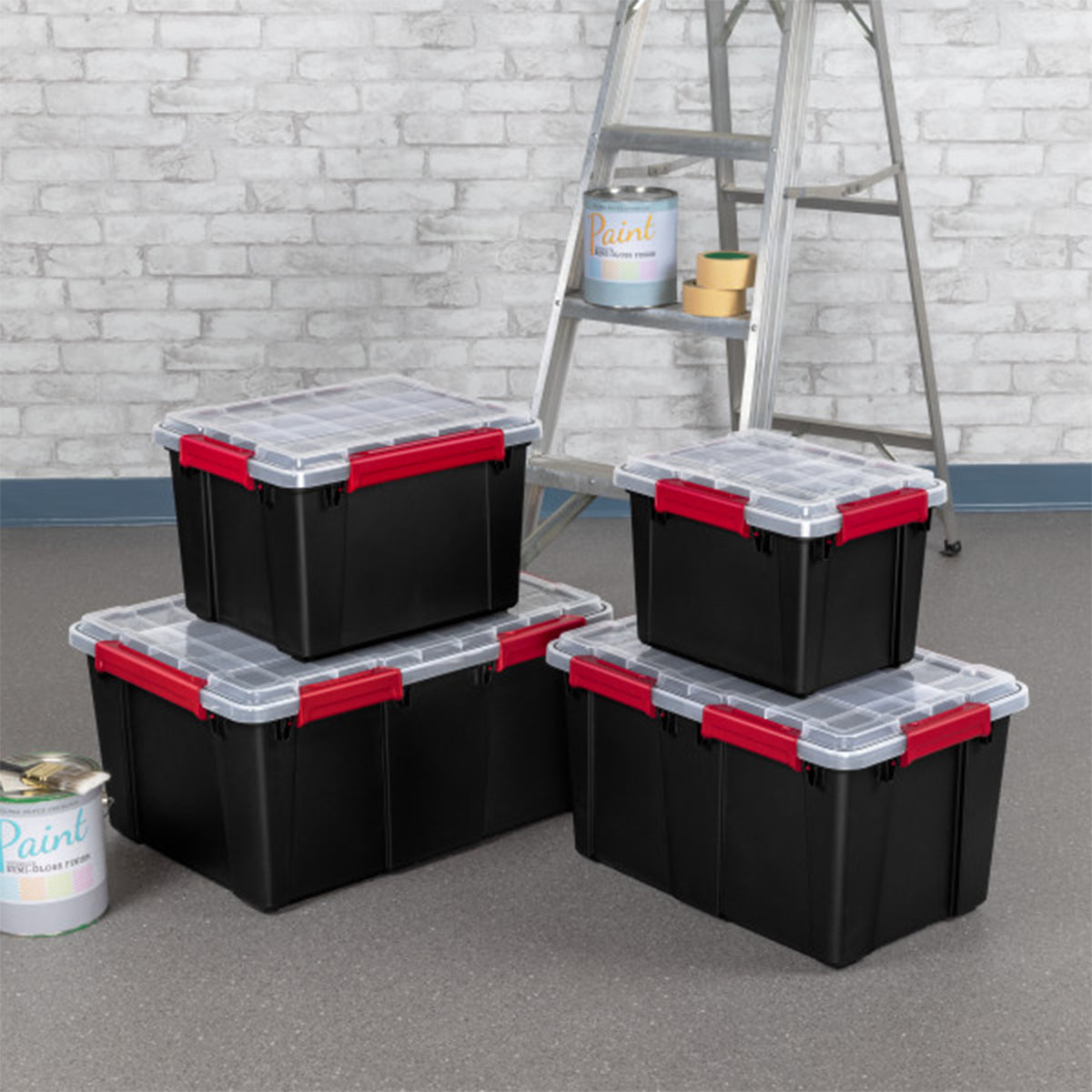 Sterilite 20 Gal Gasket Box, Stackable Storage Container with Lid, Black, 8 Pack