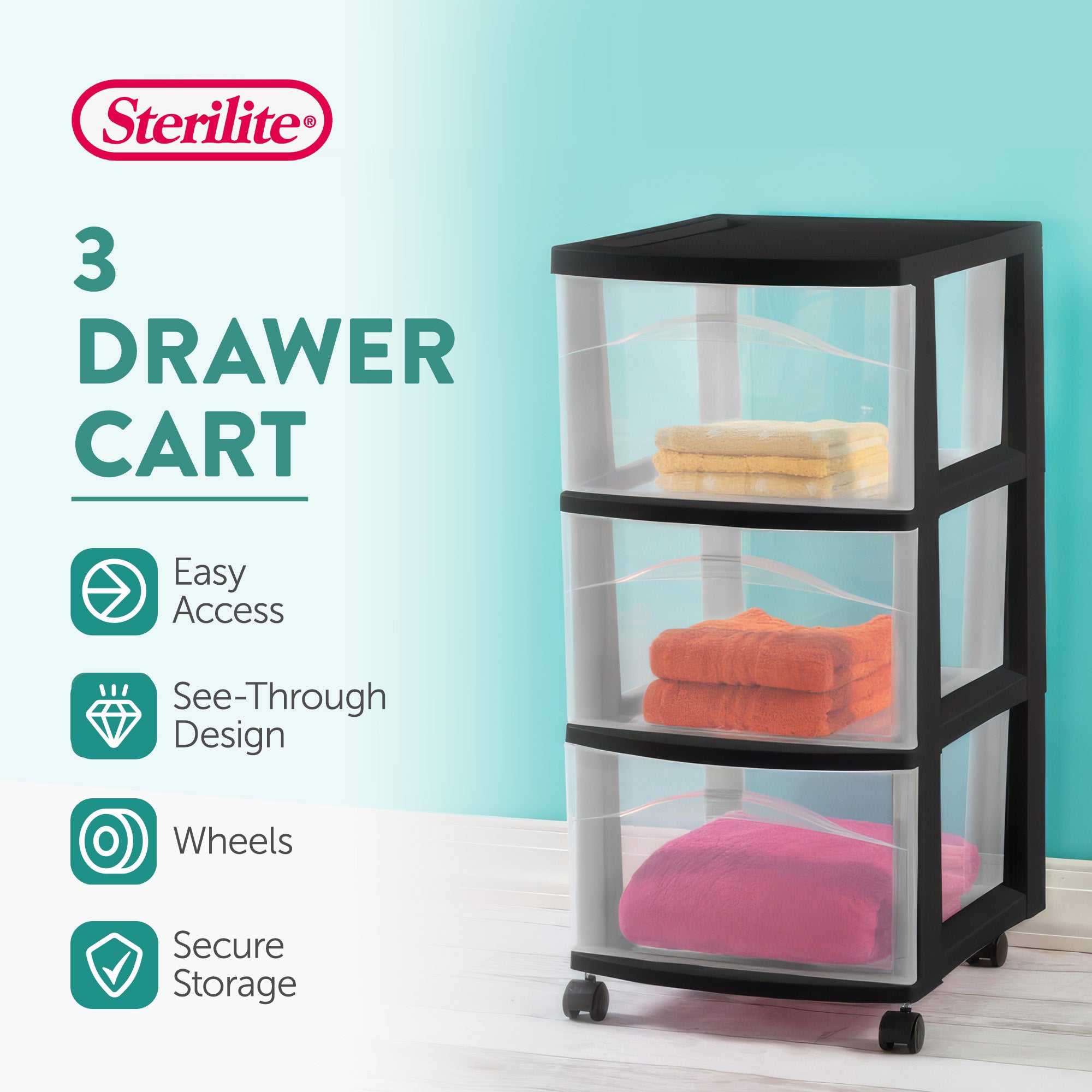 Sterilite 3 Drawer Storage Cart, Plastic Rolling Medium Organizer, Black, 8 Pack
