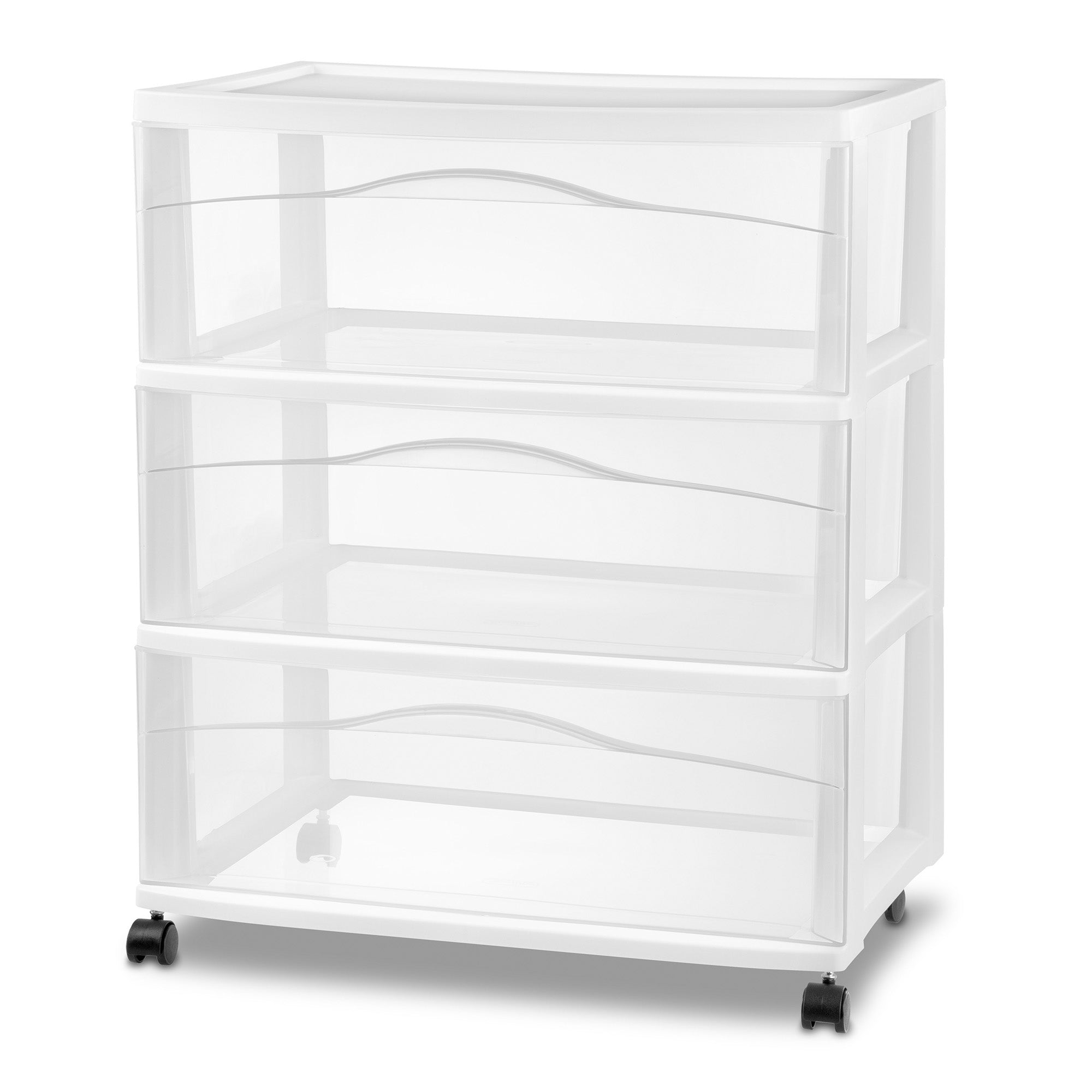 Sterilite Wide 3 Drawer Storage Cart, Plastic Rolling Organizer, White, 4 Pack
