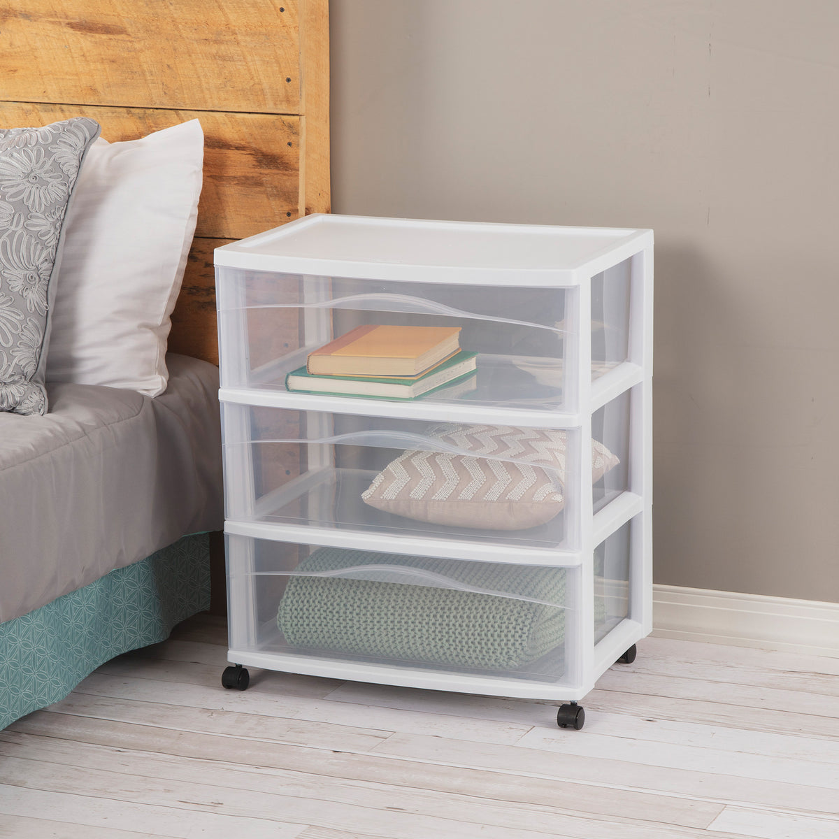 Sterilite Wide 3 Drawer Storage Cart, Plastic Rolling Organizer, White, 4 Pack