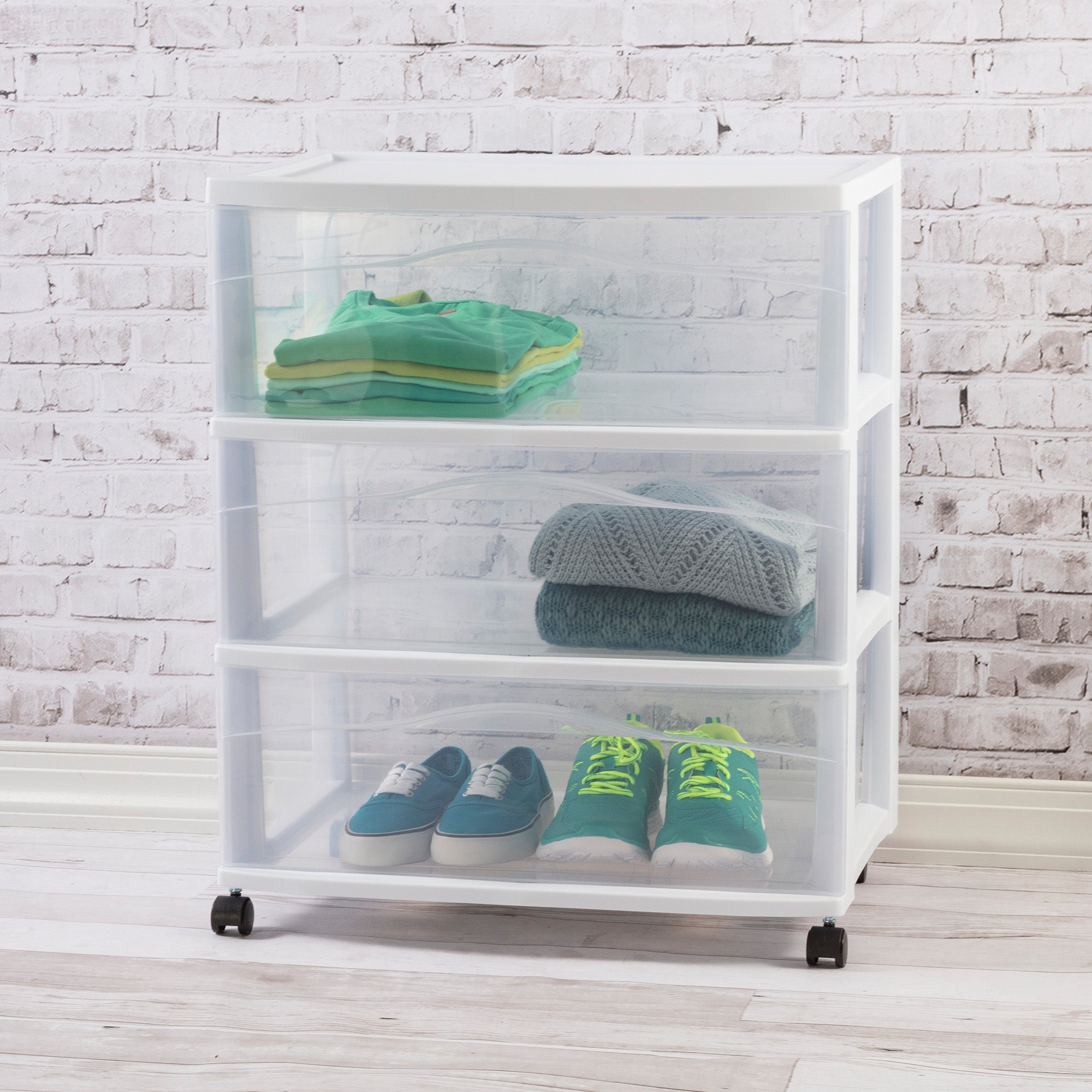 Sterilite Wide 3 Drawer Storage Cart, Plastic Rolling Organizer, White, 4 Pack