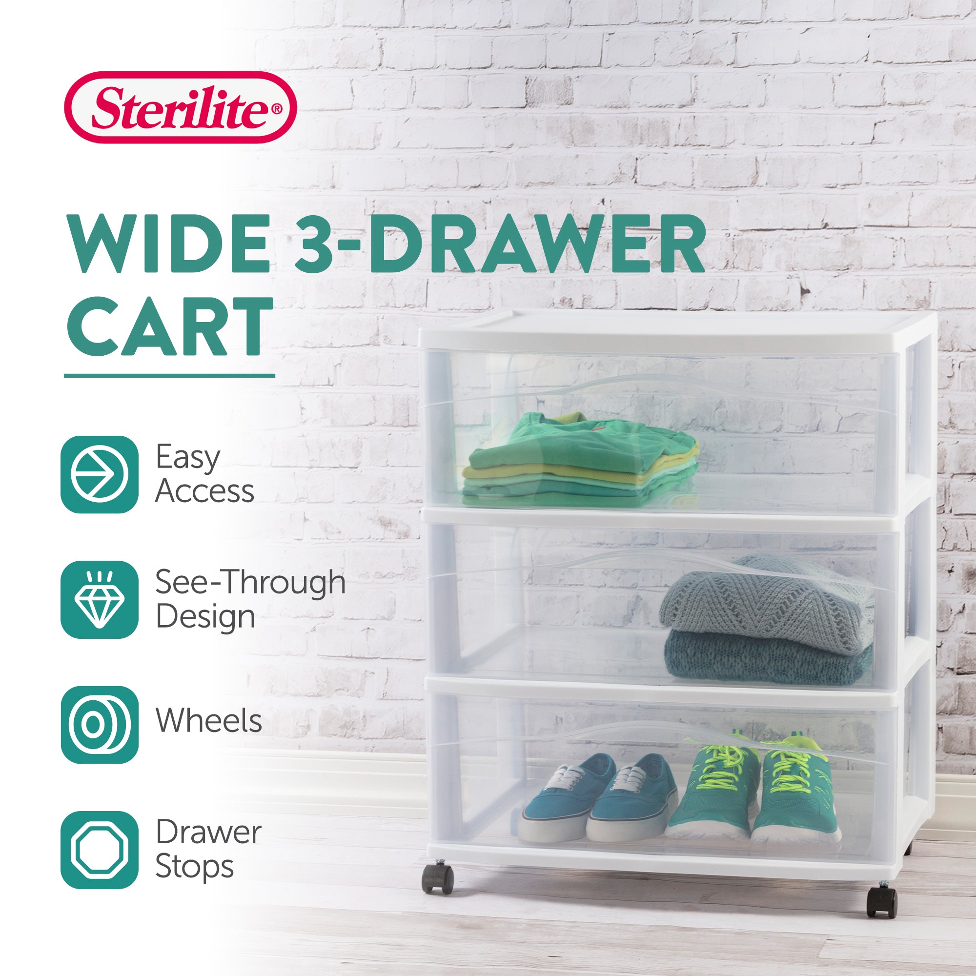 Sterilite Wide 3 Drawer Storage Cart, Plastic Rolling Organizer, White, 2 Pack