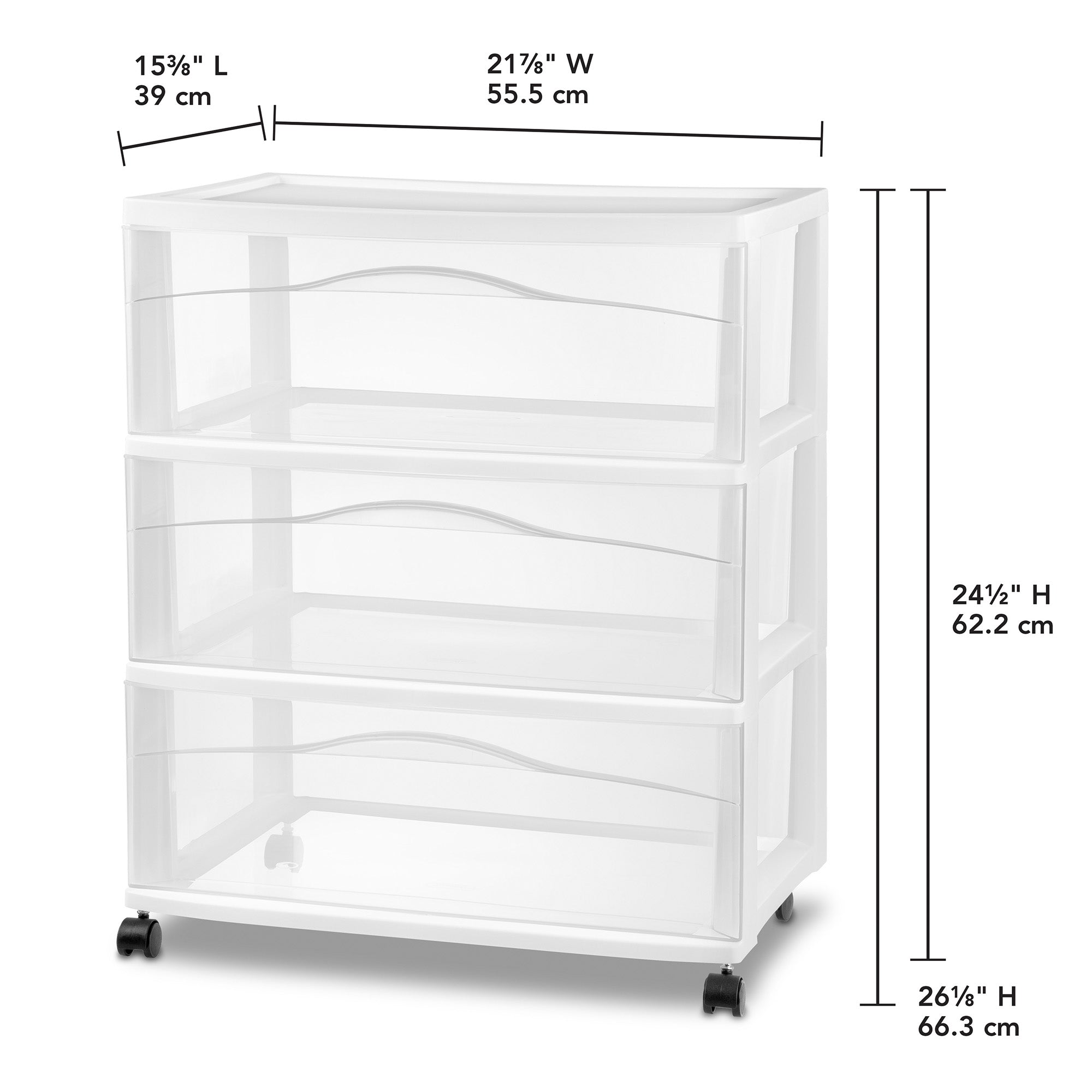 Sterilite Wide 3 Drawer Storage Cart, Plastic Rolling Organizer, White, 2 Pack