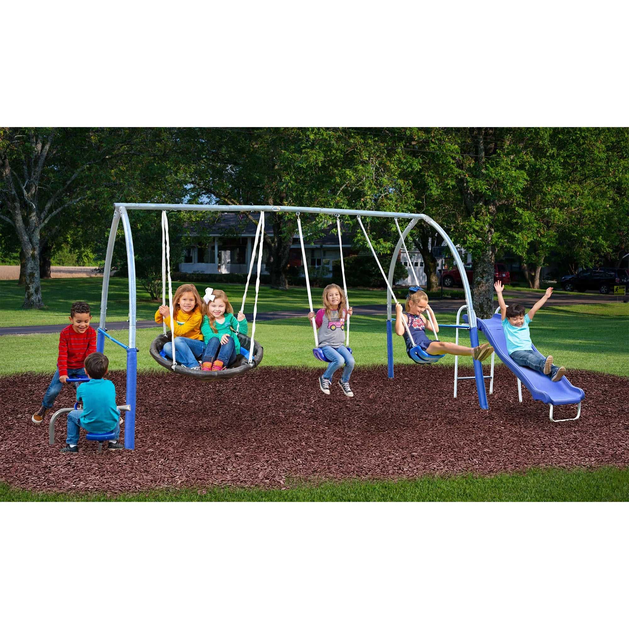 XDP Recreation Gateway Safe-Arch Metal Swing Set for Backyard, Silver and Blue