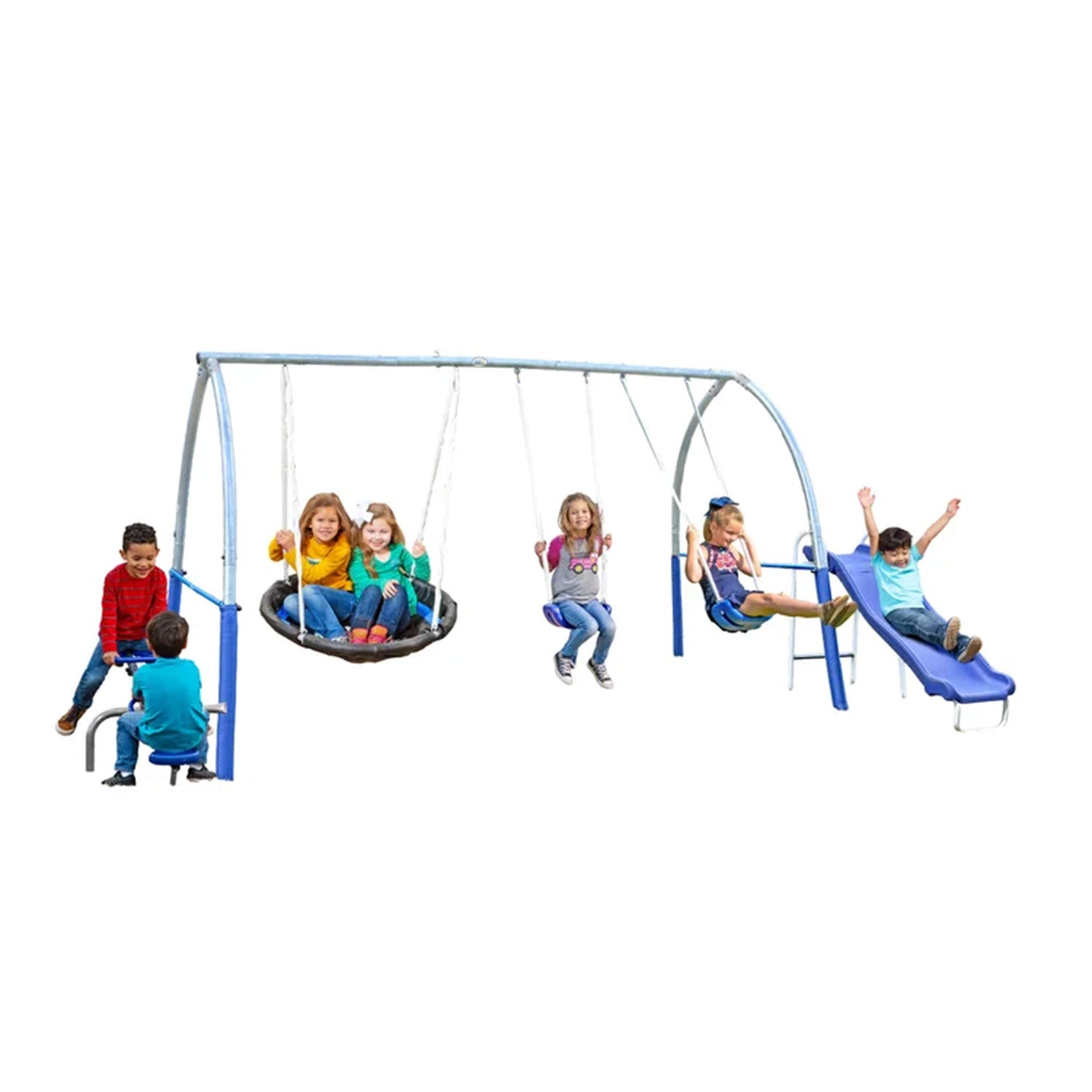 XDP Recreation Gateway Safe-Arch Metal Swing Set for Backyard, Silver and Blue