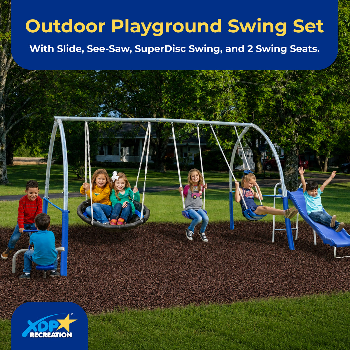 XDP Recreation Gateway Safe-Arch Metal Swing Set for Backyard, Silver and Blue - VMInnovations