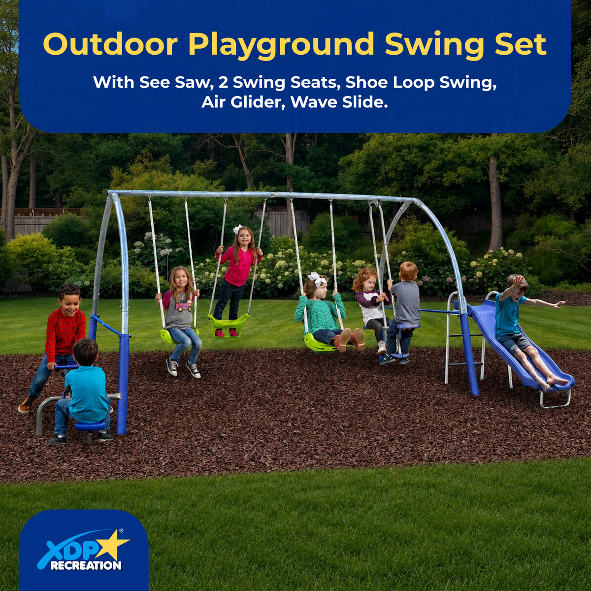 XDP Recreation Titan II Safe-Arch Swing Set for Backyard, Silver, Blue & Green - VMInnovations
