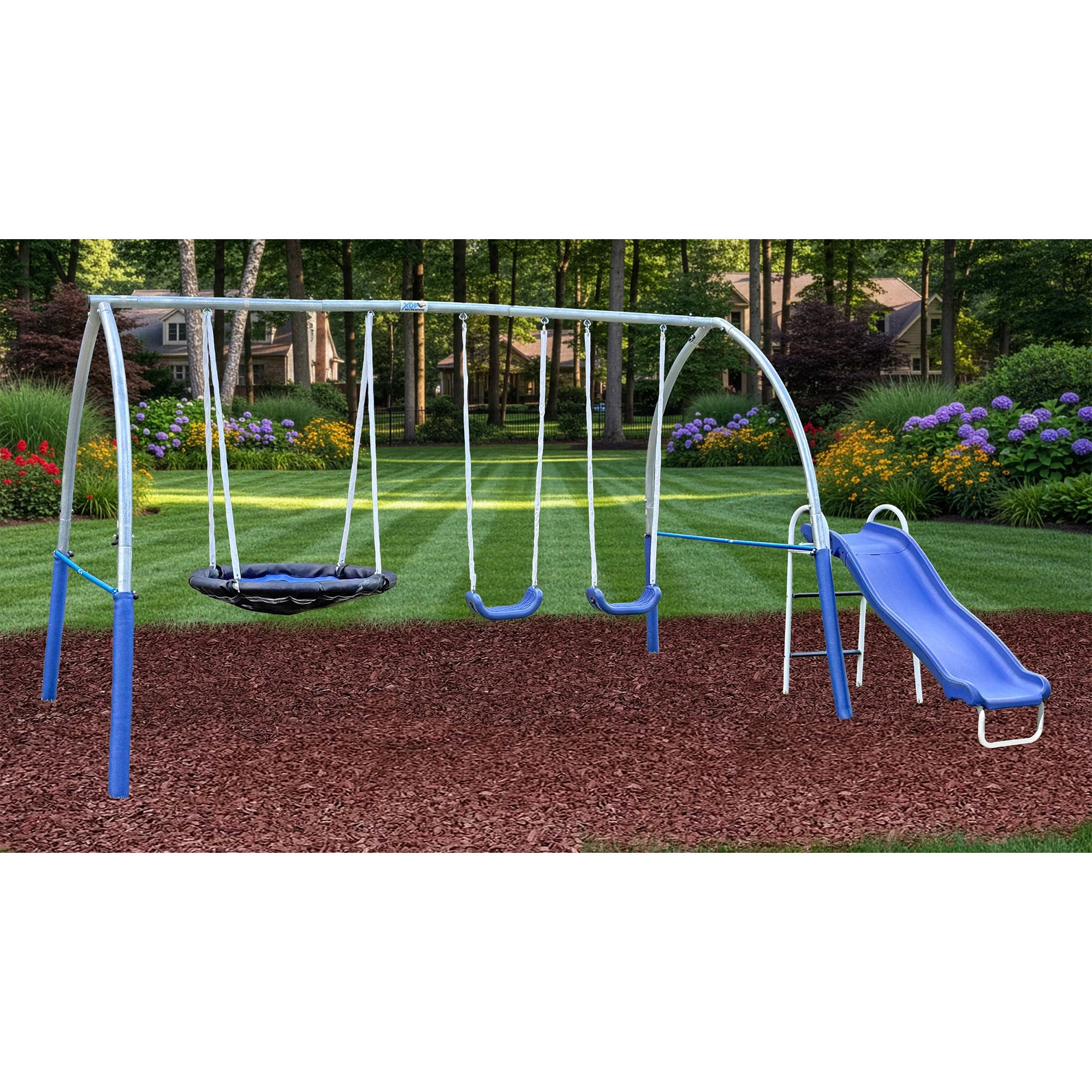 XDP Recreation SuperDisc PLUS Safe-Arch Backyard Swing Set, Metal, Silver & Blue