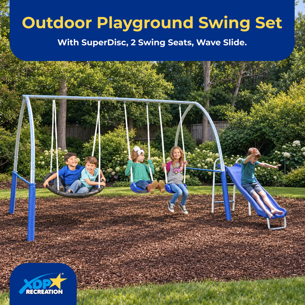 XDP Recreation SuperDisc PLUS Safe-Arch Backyard Swing Set, Metal, Silver & Blue - VMInnovations
