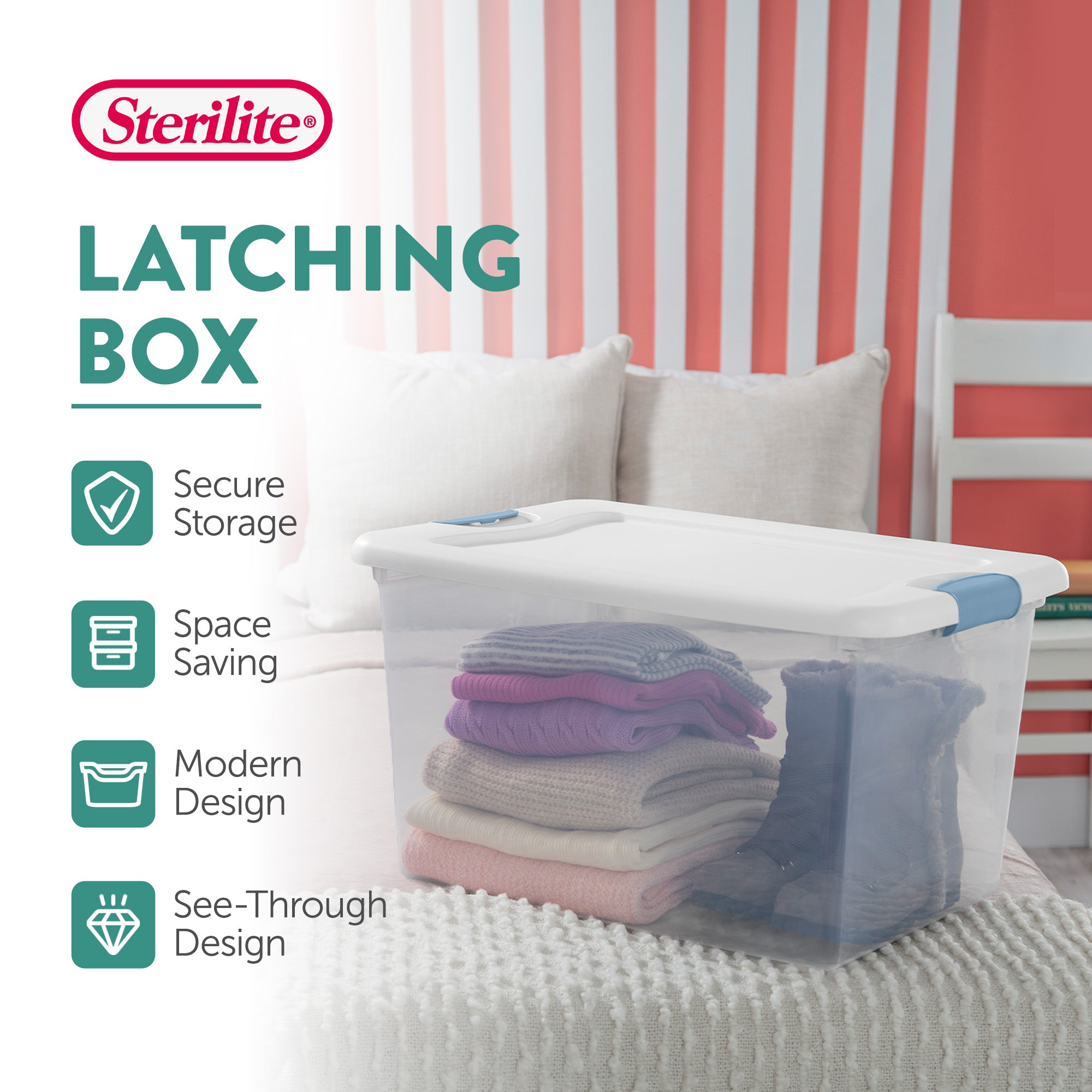 Sterilite 64 Qt Latching Box Stackable Storage Container with Lid, White, 4 Pack
