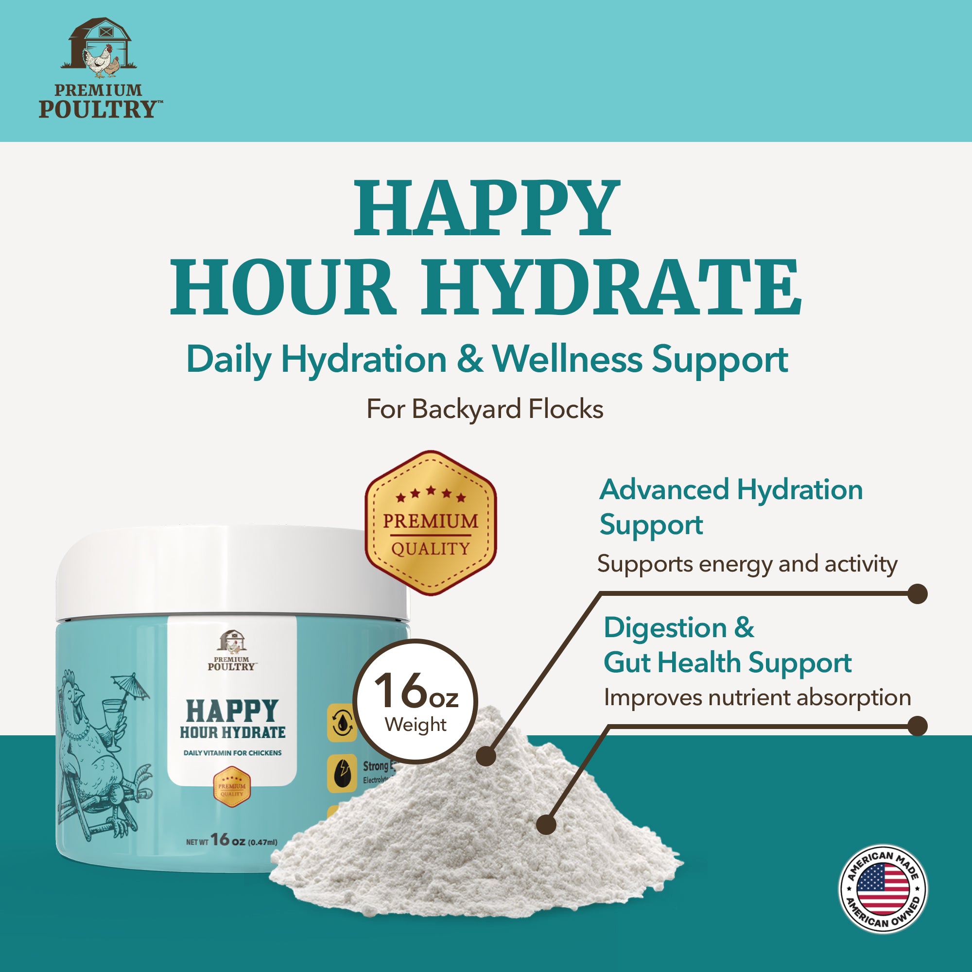 Premium Poultry Happy Hour Hydrate, Electrolytes and Probiotics, 16oz, 4 Pack