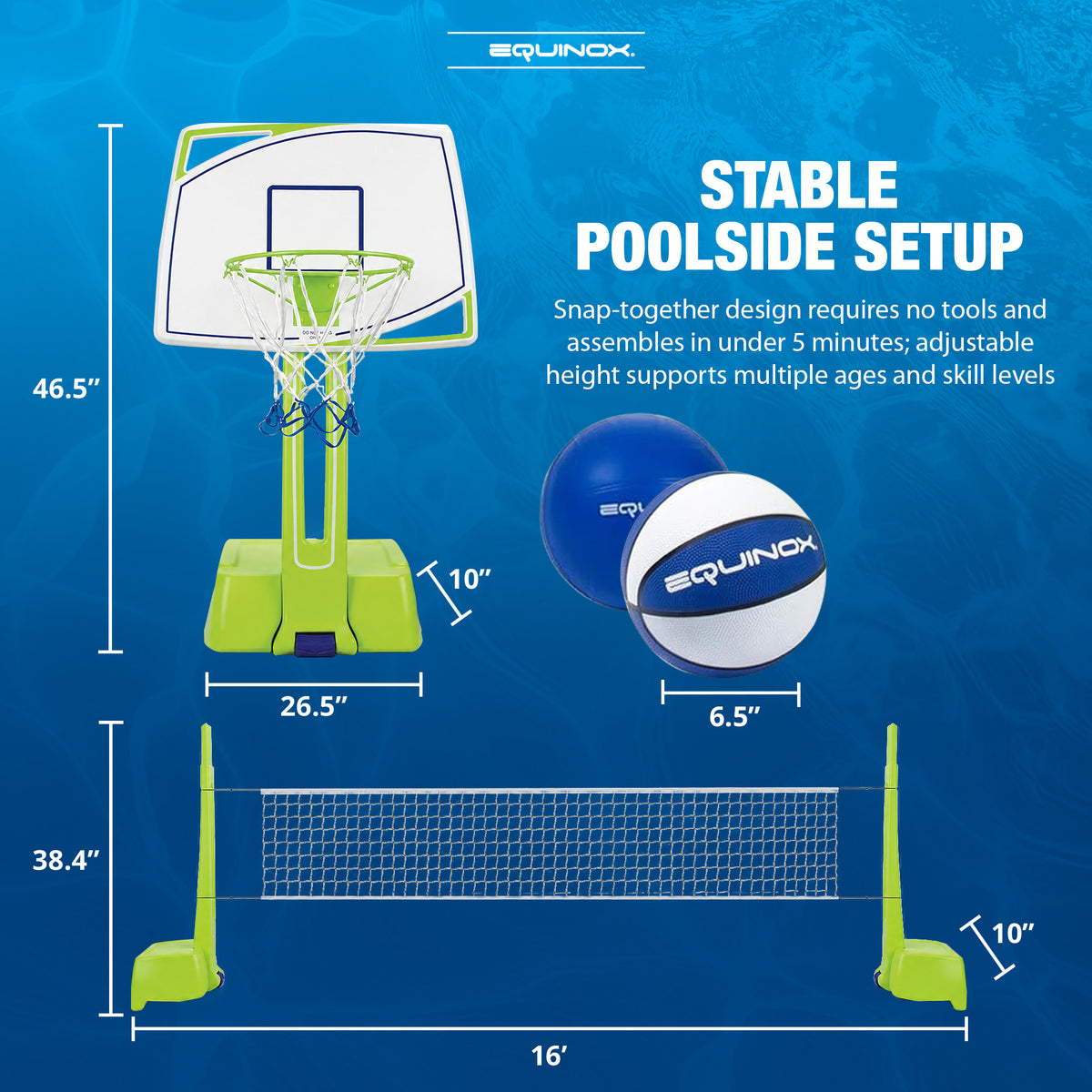 Equinox Pool Basketball and Volleyball Set, Adjustable Poolside Game, Multicolor