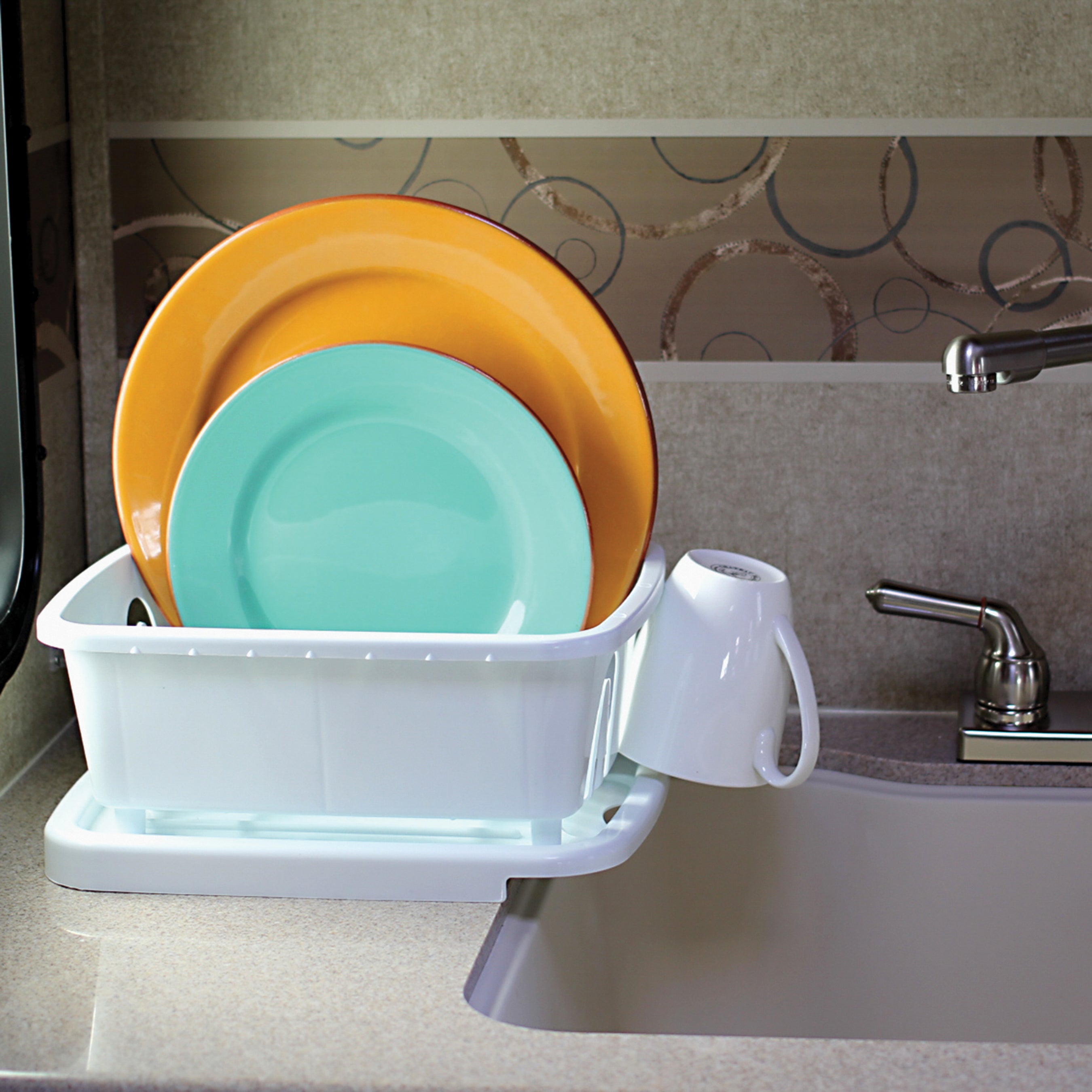 Camco RV Kitchen Mini Dish Drainer and Tray with Sloped Drain Tray Design, White - VMInnovations