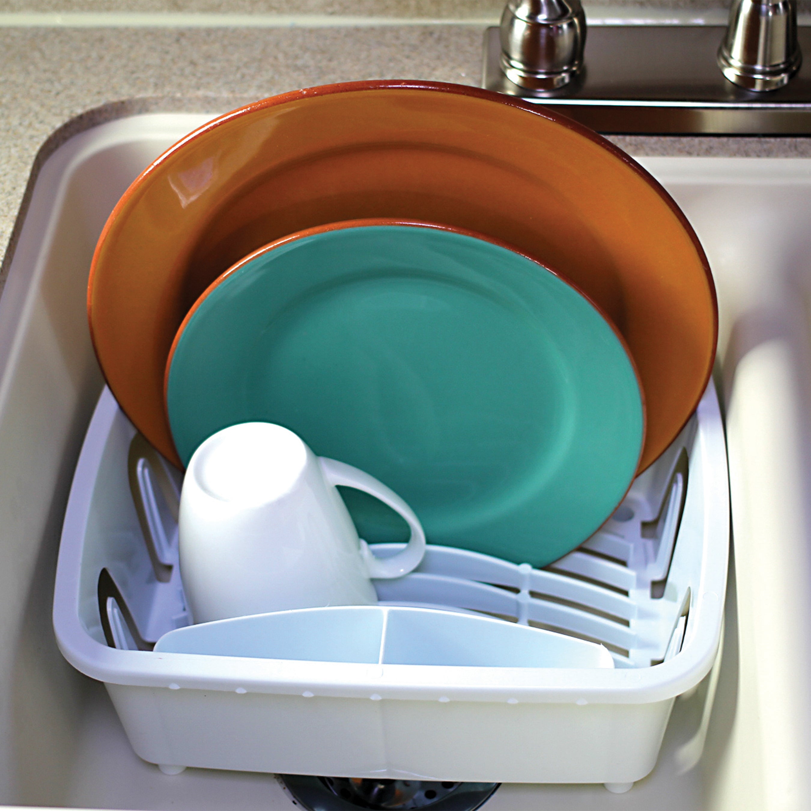 Camco RV Kitchen Mini Dish Drainer and Tray with Sloped Drain Tray Design, White - VMInnovations