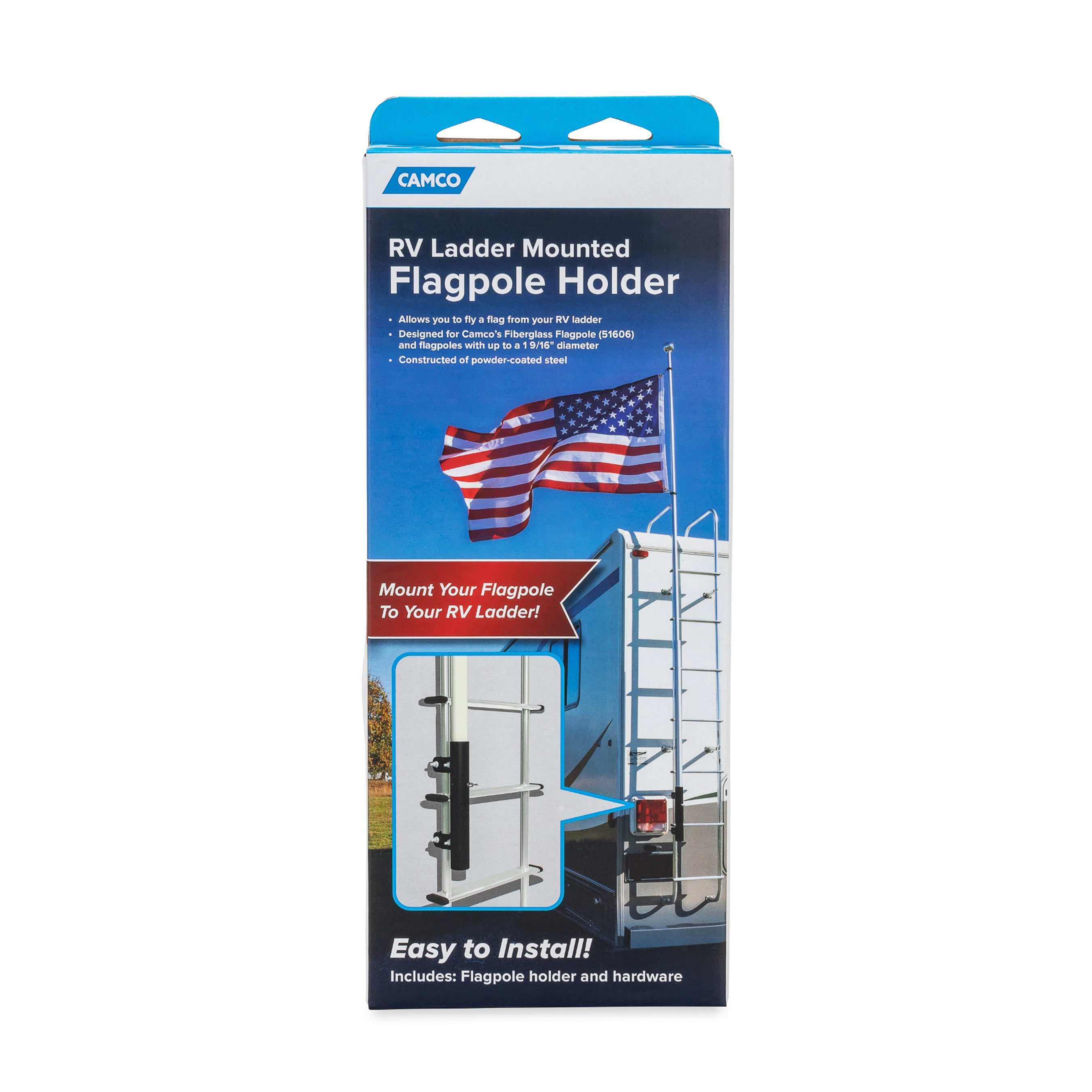 Camco RV Ladder Mounted Flagpole Holder, Up to 1-9/16 Inch Diameter, Black