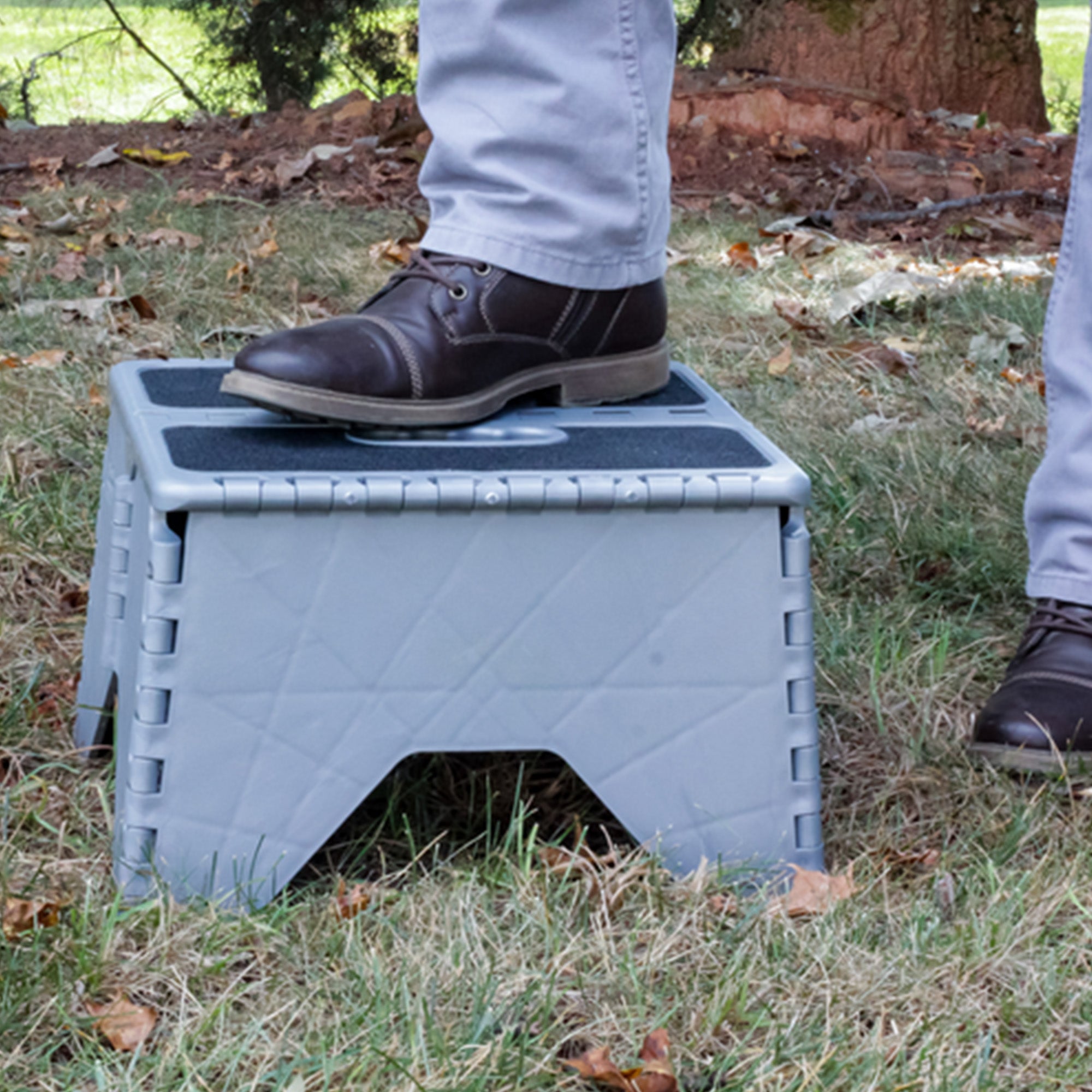 Camco 9" Folding Step Stool with Non-Skid Feet, Folds Flat for Storage, Silver - VMInnovations
