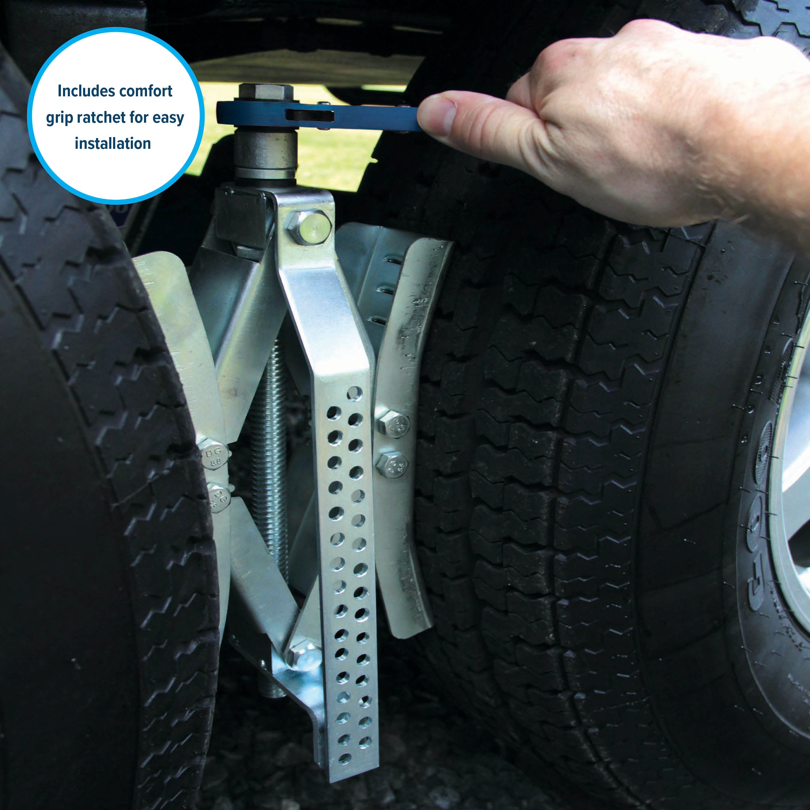 Camco Eaz-Lift 10" Metal Wheel Stop with Lock and Wrench for RV Tires, 2 Pack