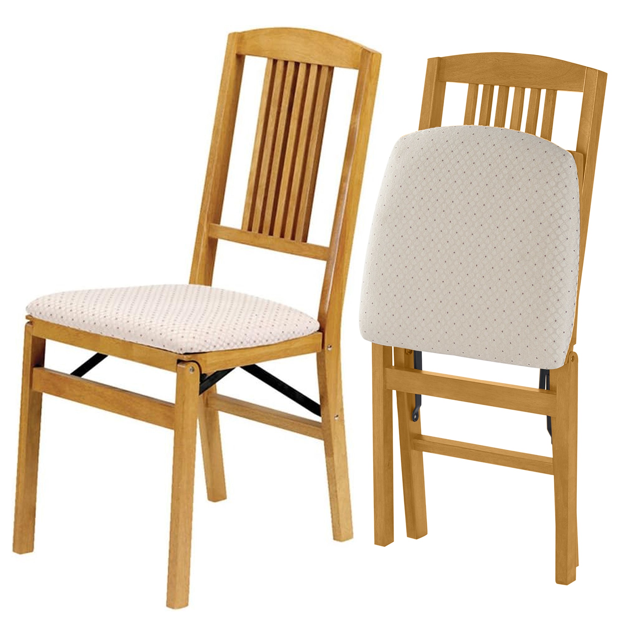 MECO Stakmore Wood Blush Fabric Upholstered Seat Folding Chair Set, Oak (2 Pack) - VMInnovations