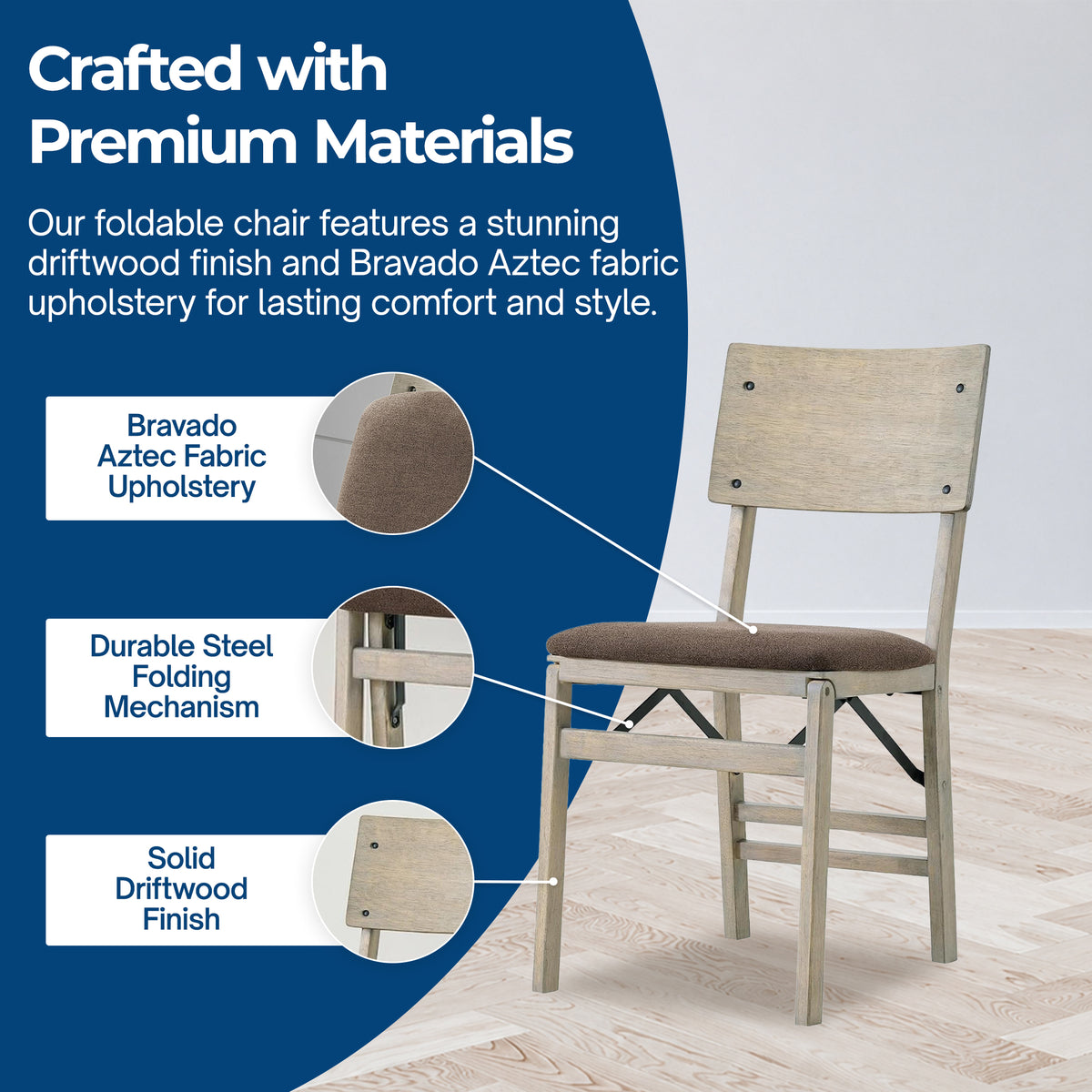 Stakmore Solid Wood Folding Dining Chairs with Padded Seat, Driftwood, Set of 2 + Stakmore 32x32 Wooden Square Folding Card Table, Straight Edge, Driftwood Frame