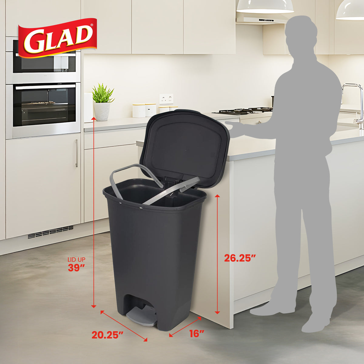 Glad 13 Gal Trash Can w/Step Pedal & Odor Protection, Charcoal, 2pk (Open Box)