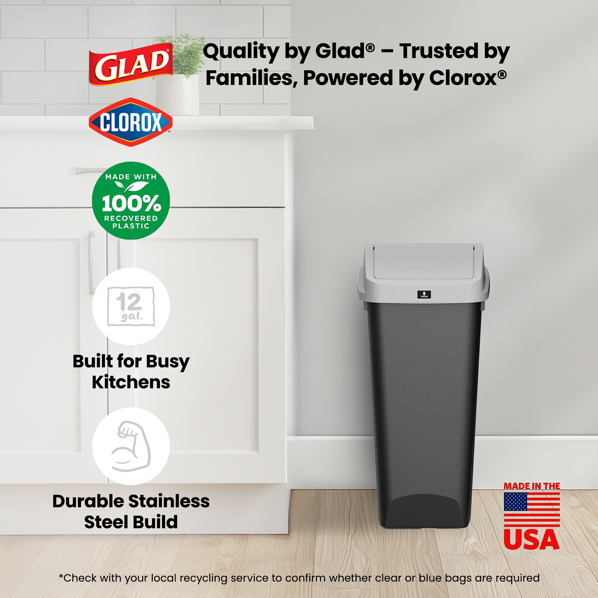 Glad Link & Sort 3-Piece Waste and Recycling Bin with Lid Set, 36 Gal,(Open Box) - VMInnovations