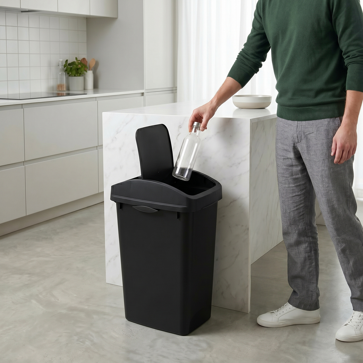 Glad Link & Sort 12 Gallon Plastic Waste and Recycling Bin with Lid, Black