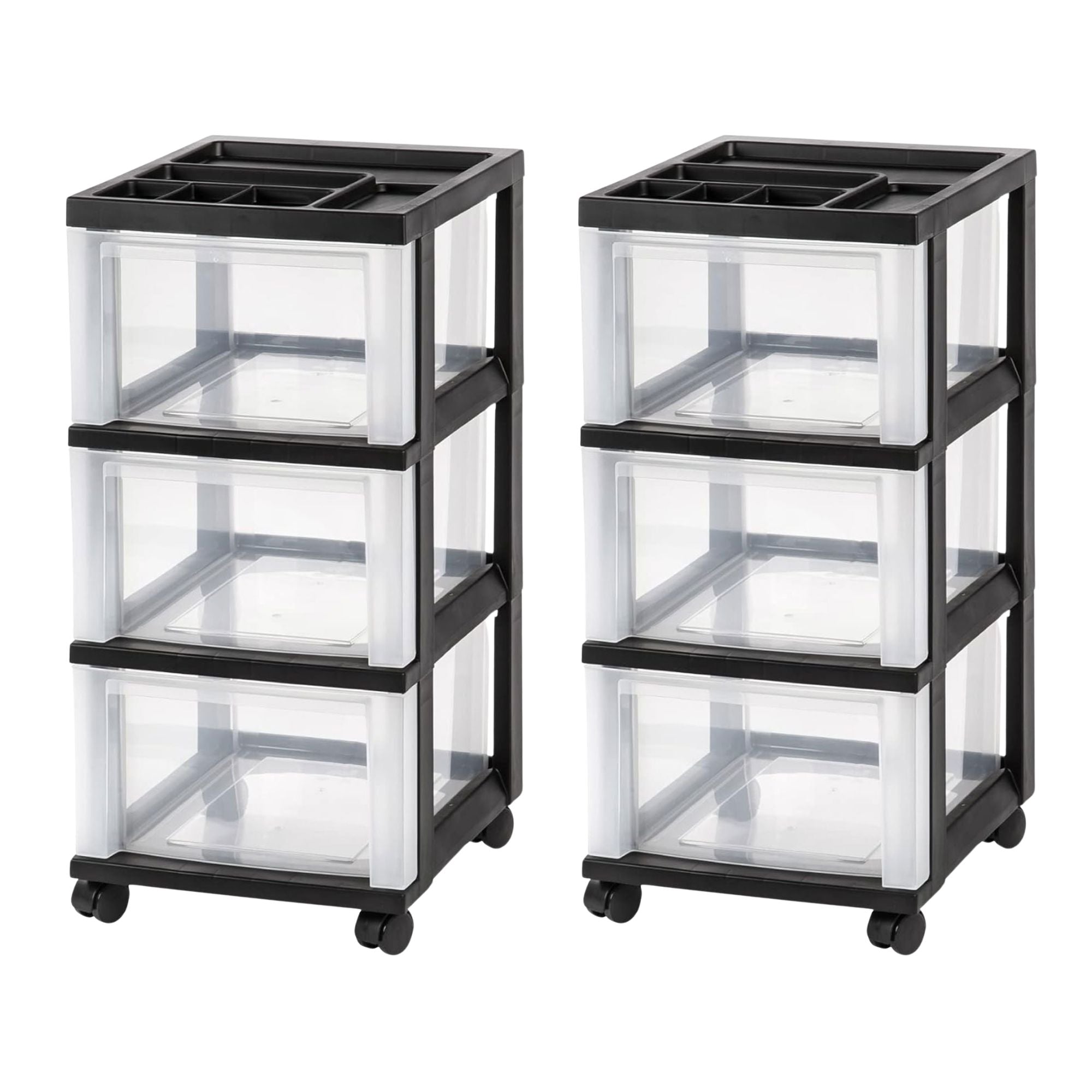 IRIS USA 2 Pack 3-Drawer Plastic Storage Organizer Cart with Caster Wheels