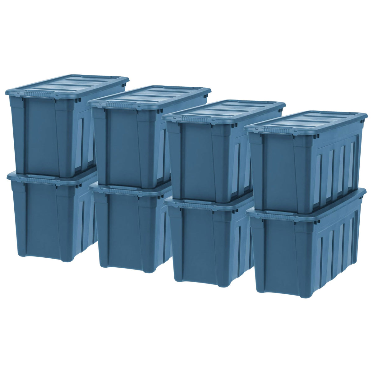 IRIS USA 8 Pack Storage Totes, 31 Gal Stackable Bins with Handles & Lids, Navy