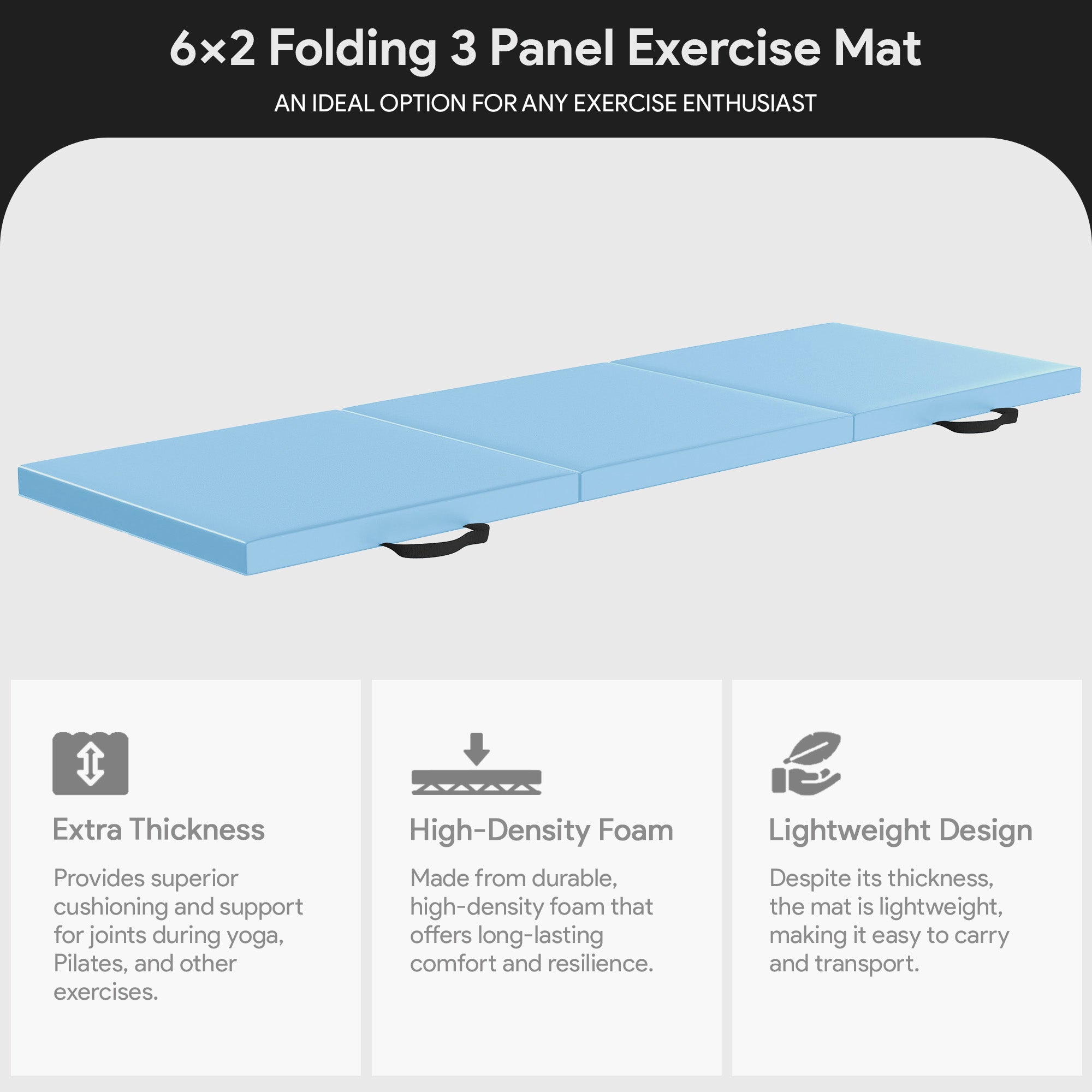 BalanceFrom Fitness GoGym 6x2' Folding 3 Panel Exercise Mat with Handles, Blue