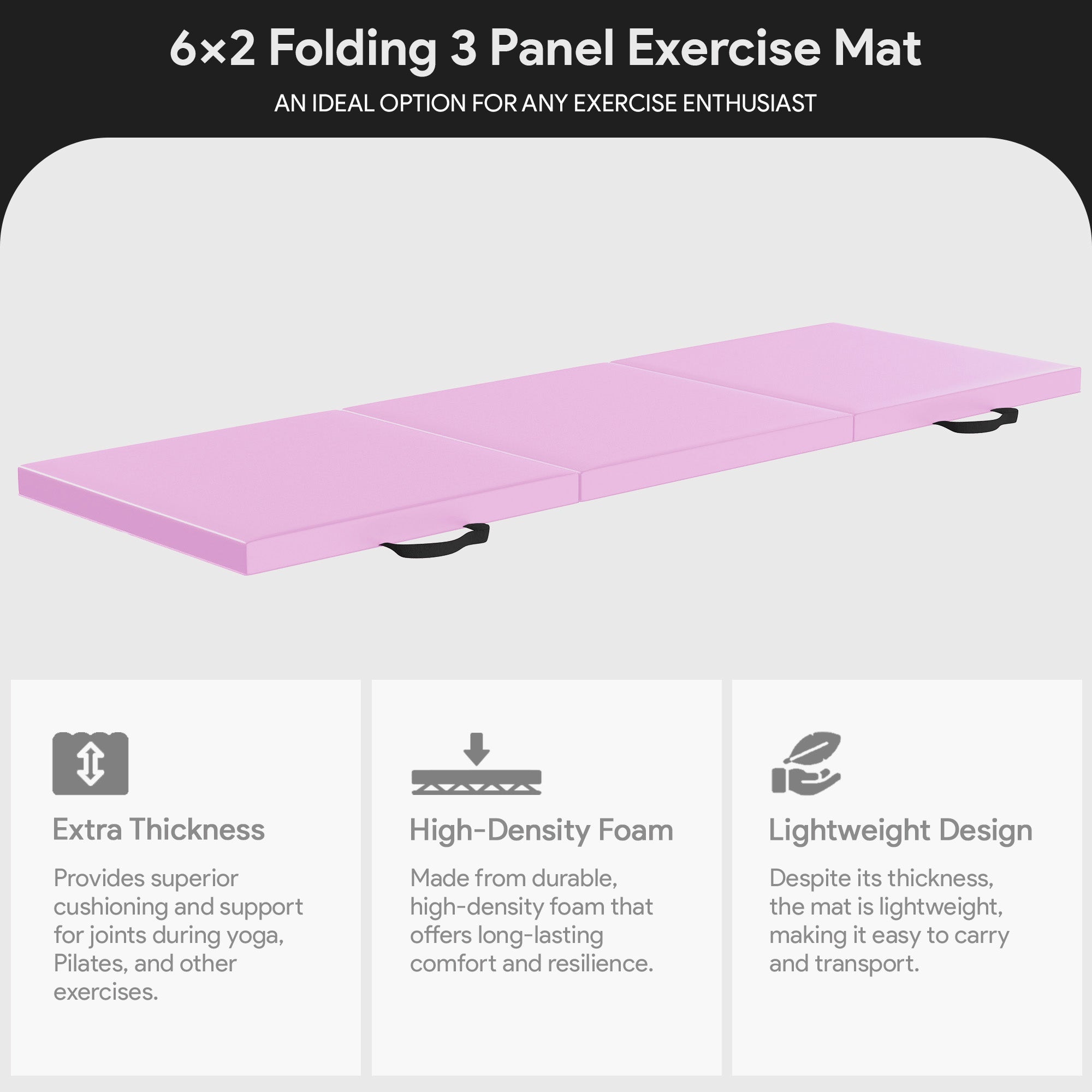BalanceFrom Fitness GoGym 6x2' Folding 3 Panel Exercise Mat with Handles, Pink