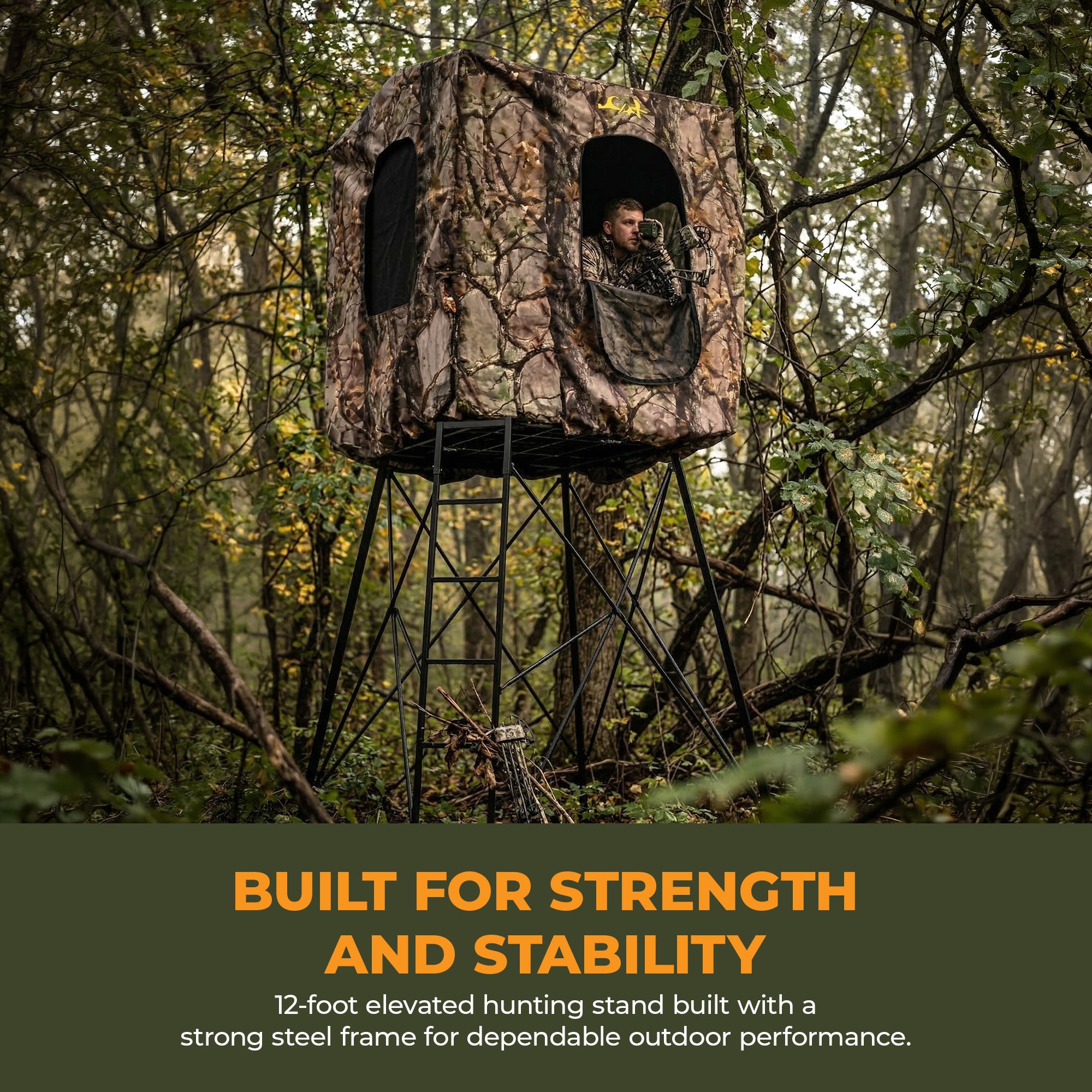 Muddy Quad Pod Deluxe 12' Steel Hunting Stand with Ladder, Steel Frame, Camo